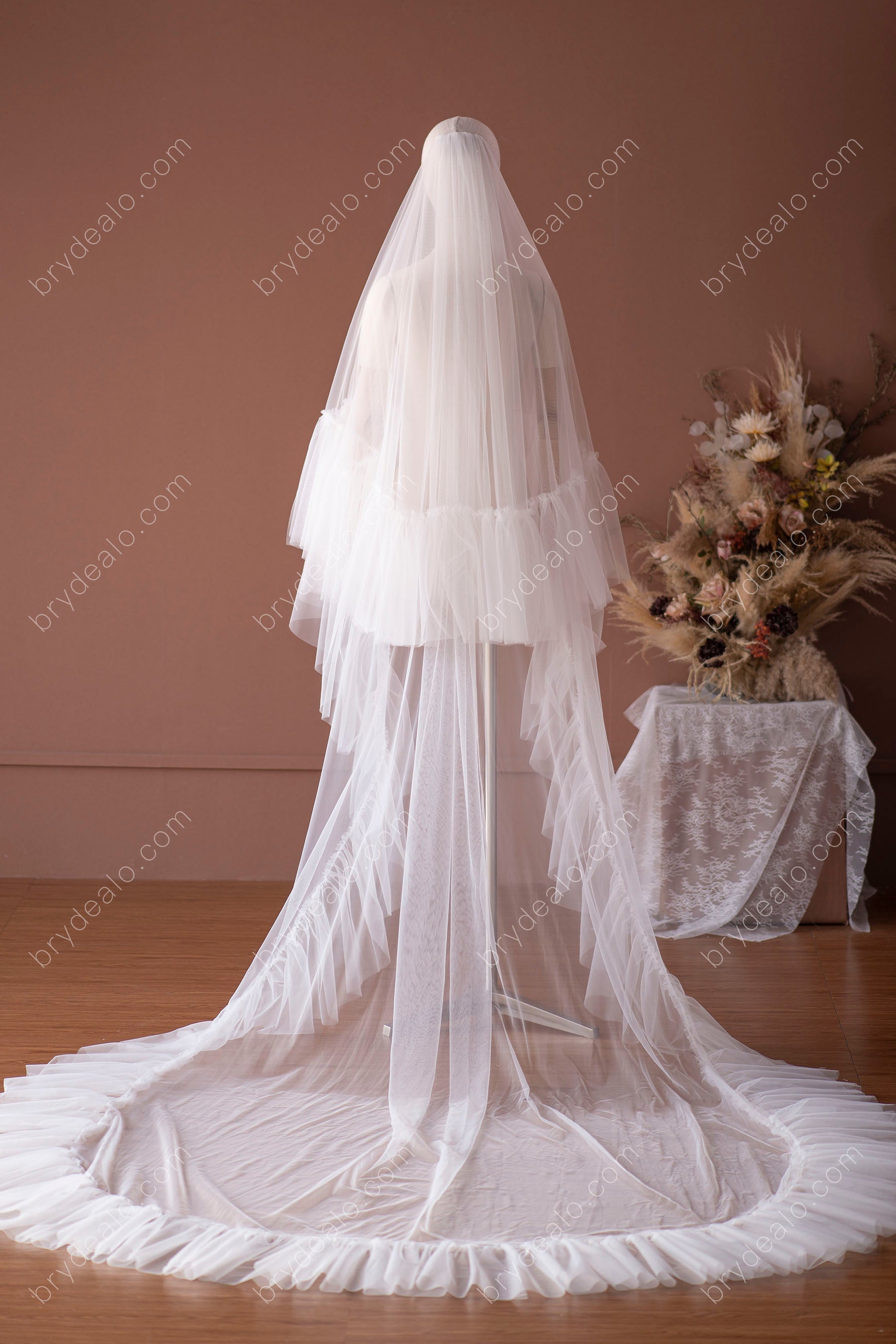 two-tier ruffled tulle long bridal veil for sale