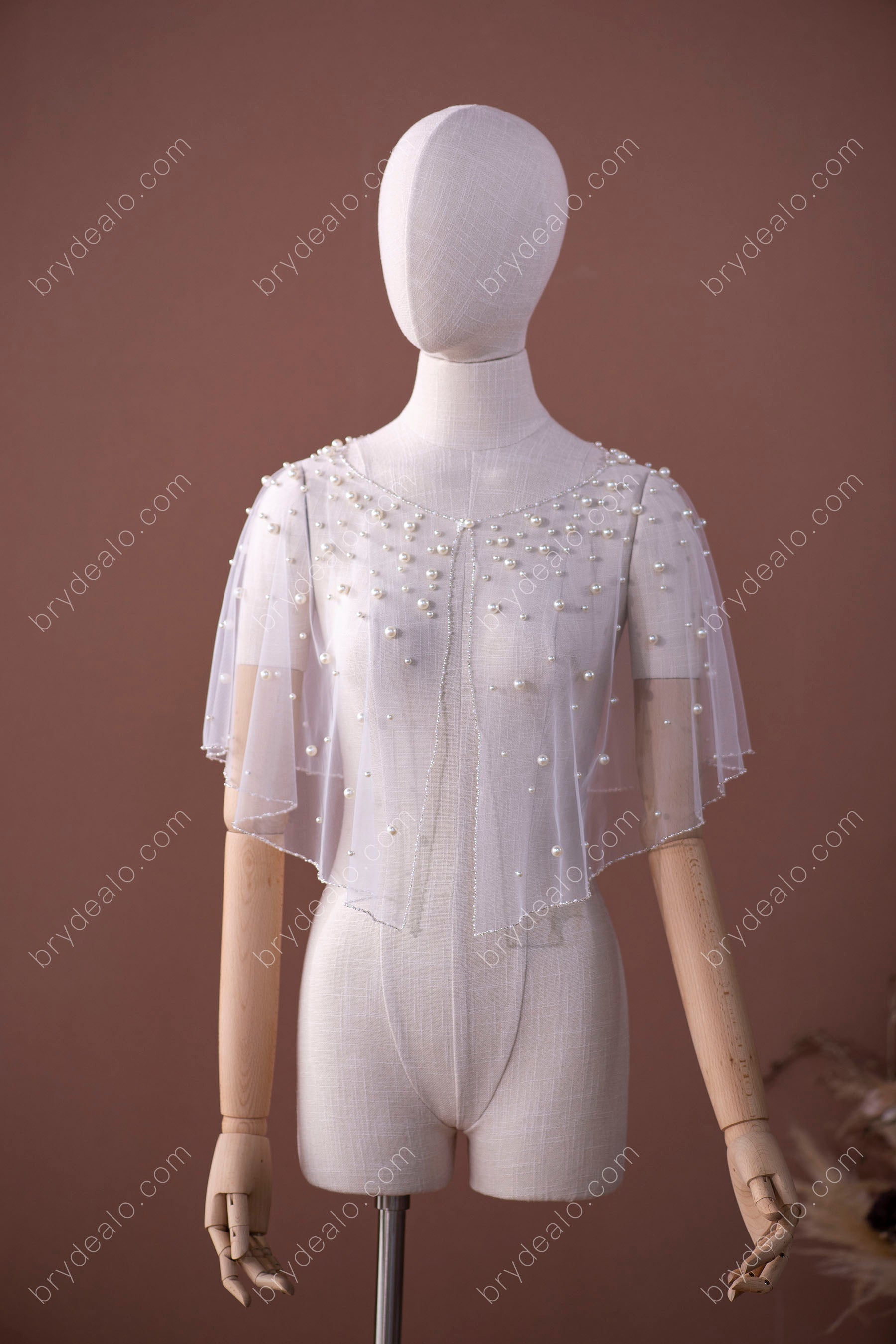 Allover Pearls Tulle Vintage Short Bridal Cape