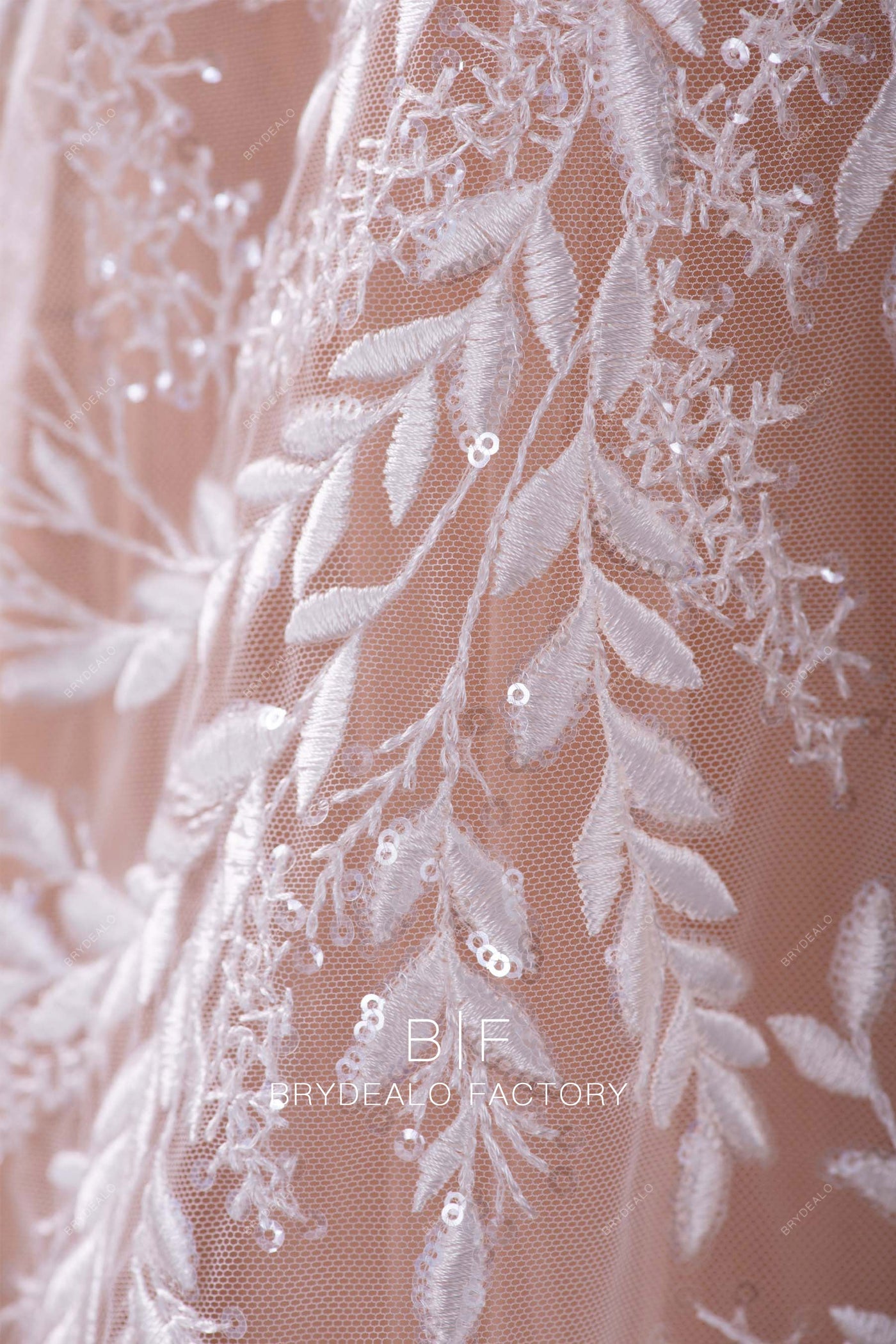 Embroidered Eyelet Lace Fabric with Swirling Leaf & Vine Motif and Crystal Sparkle Accents