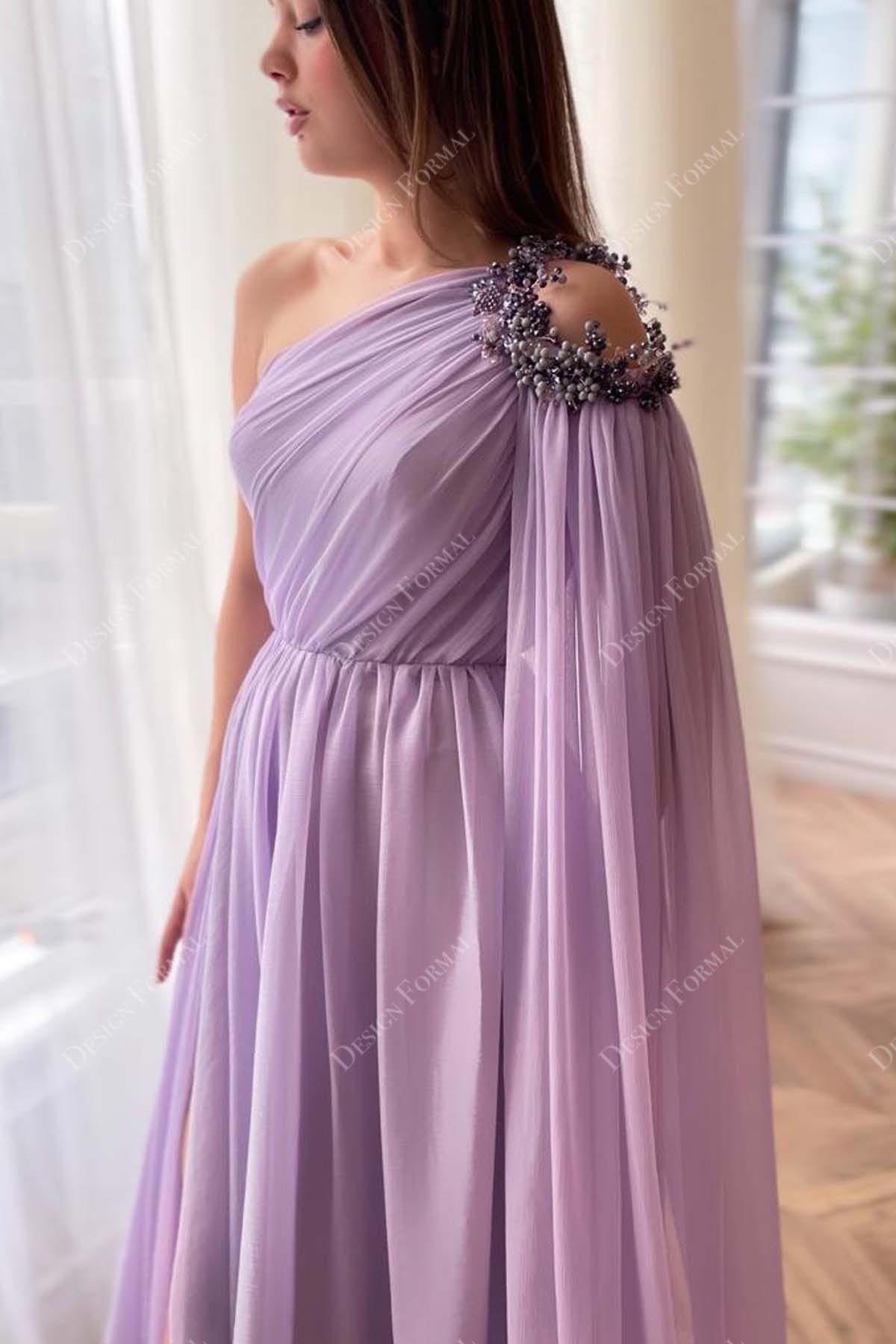 cold shoulder one sleeve lilac prom dress