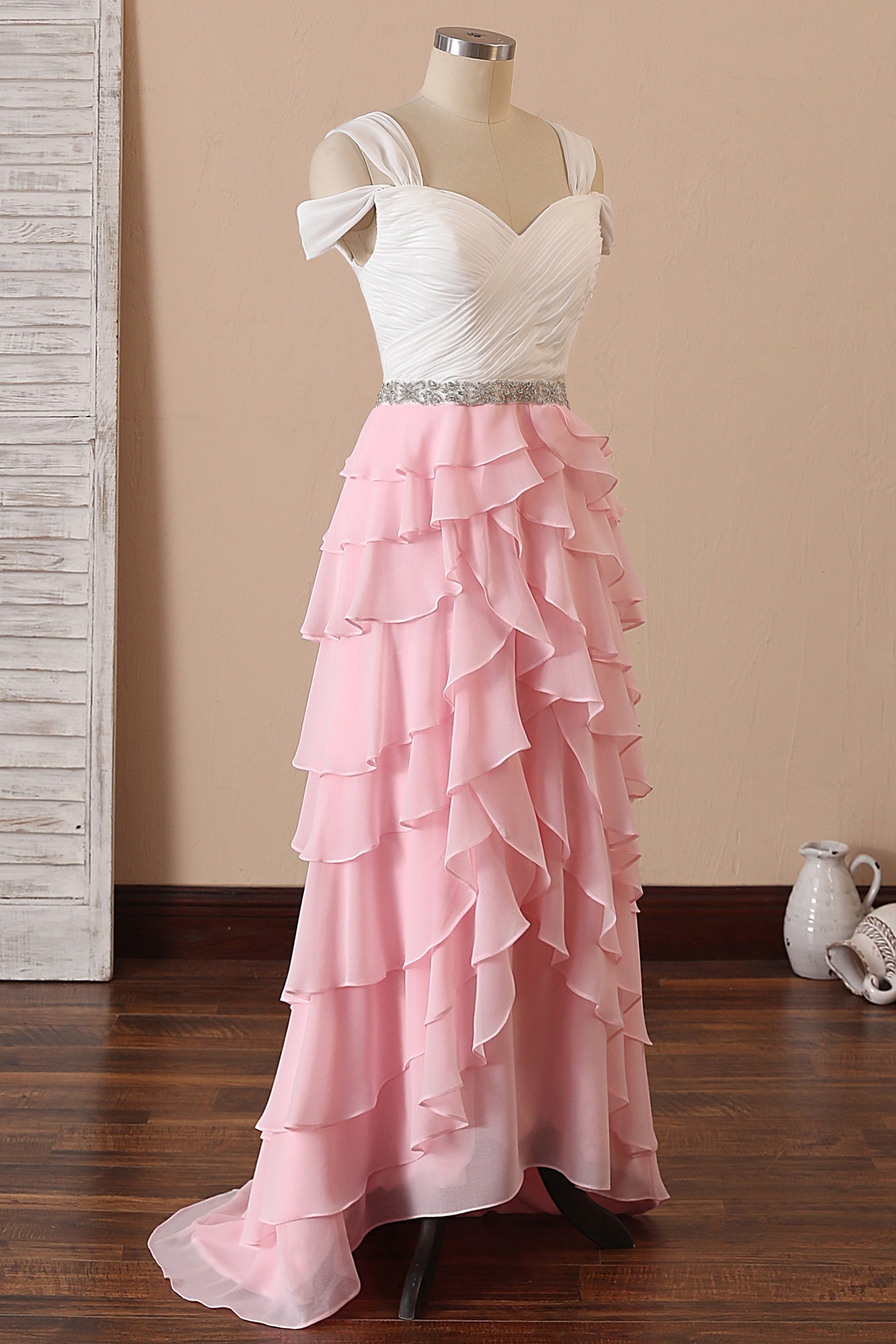 cold shoulder tiered ruffled A-line prom dress