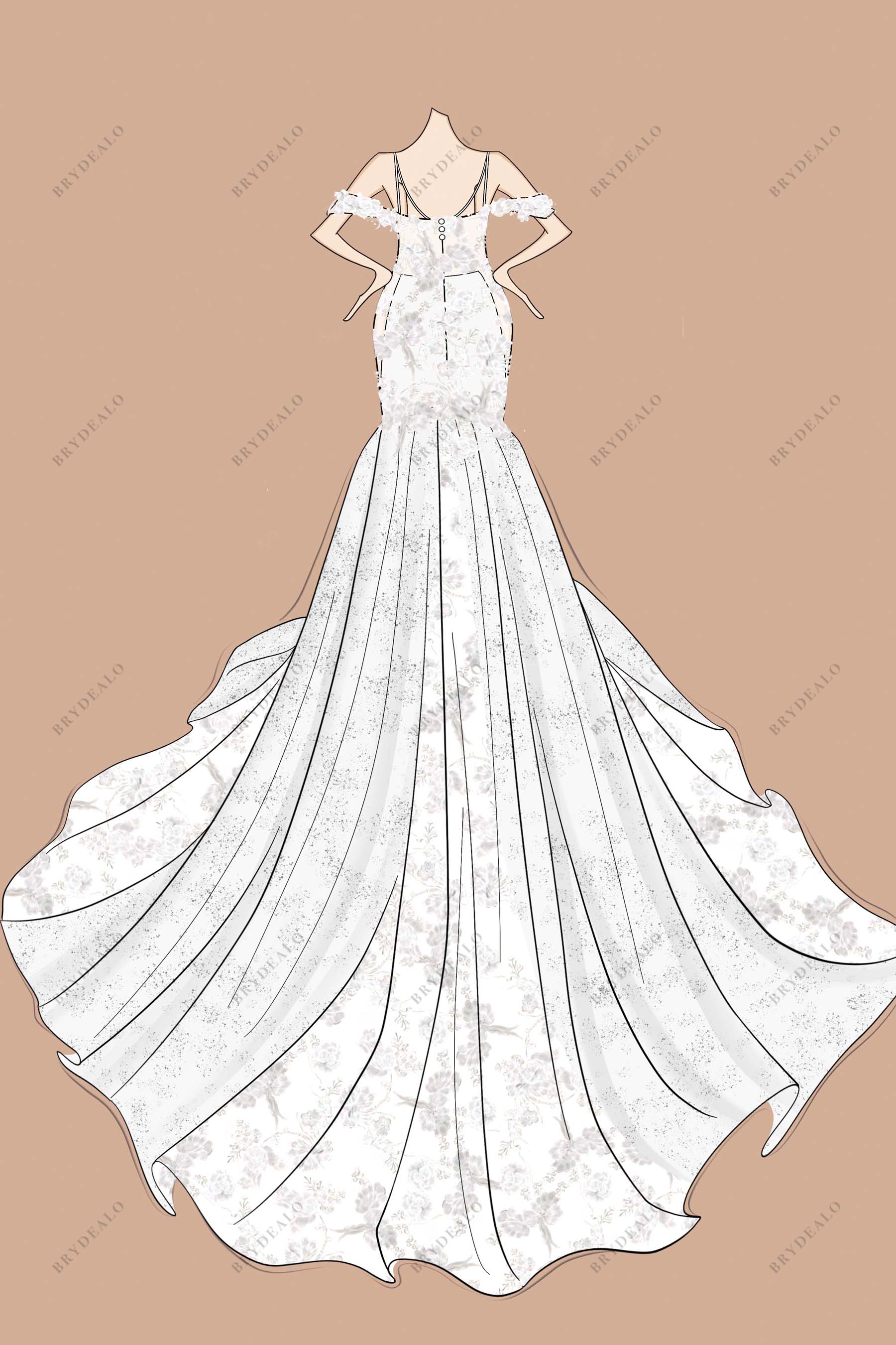 Cold-shoulder Long Train Trumpet  Hand-Drawn Lace Wedding Dress Design