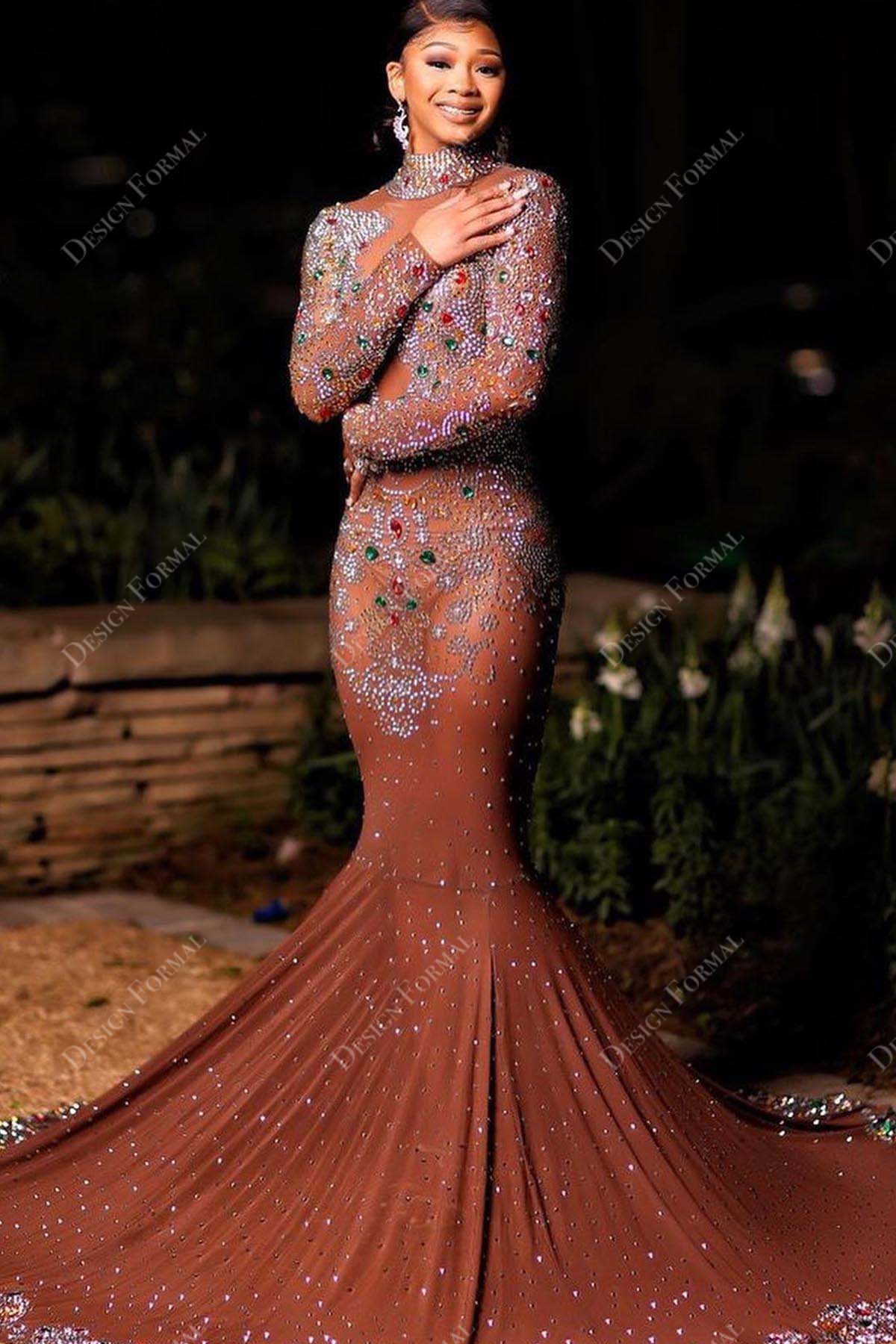 colored rhinestones crystals long sleeve dark nude sheer mermaid long prom dress