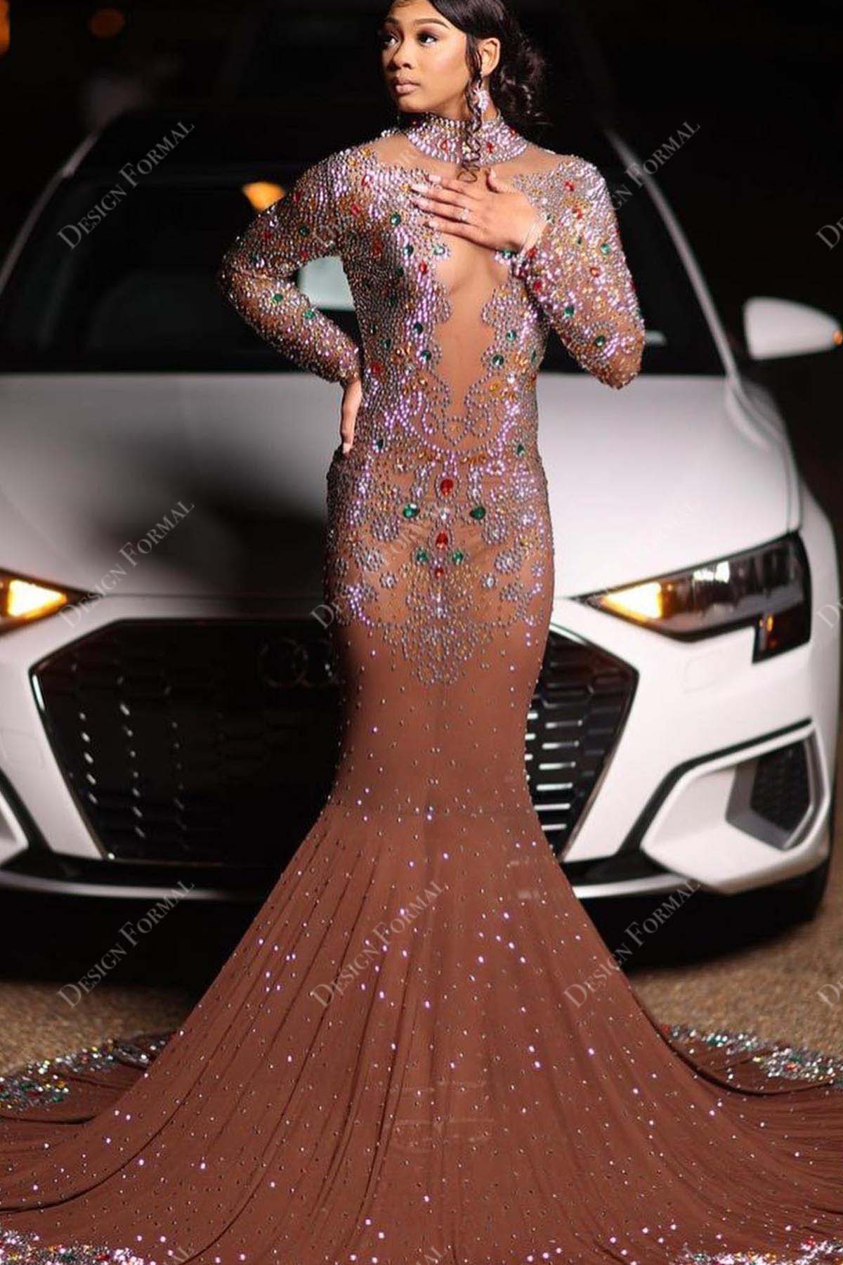 colored rhinestones crystals long sleeve dark nude sexy sheer mermaid prom gown