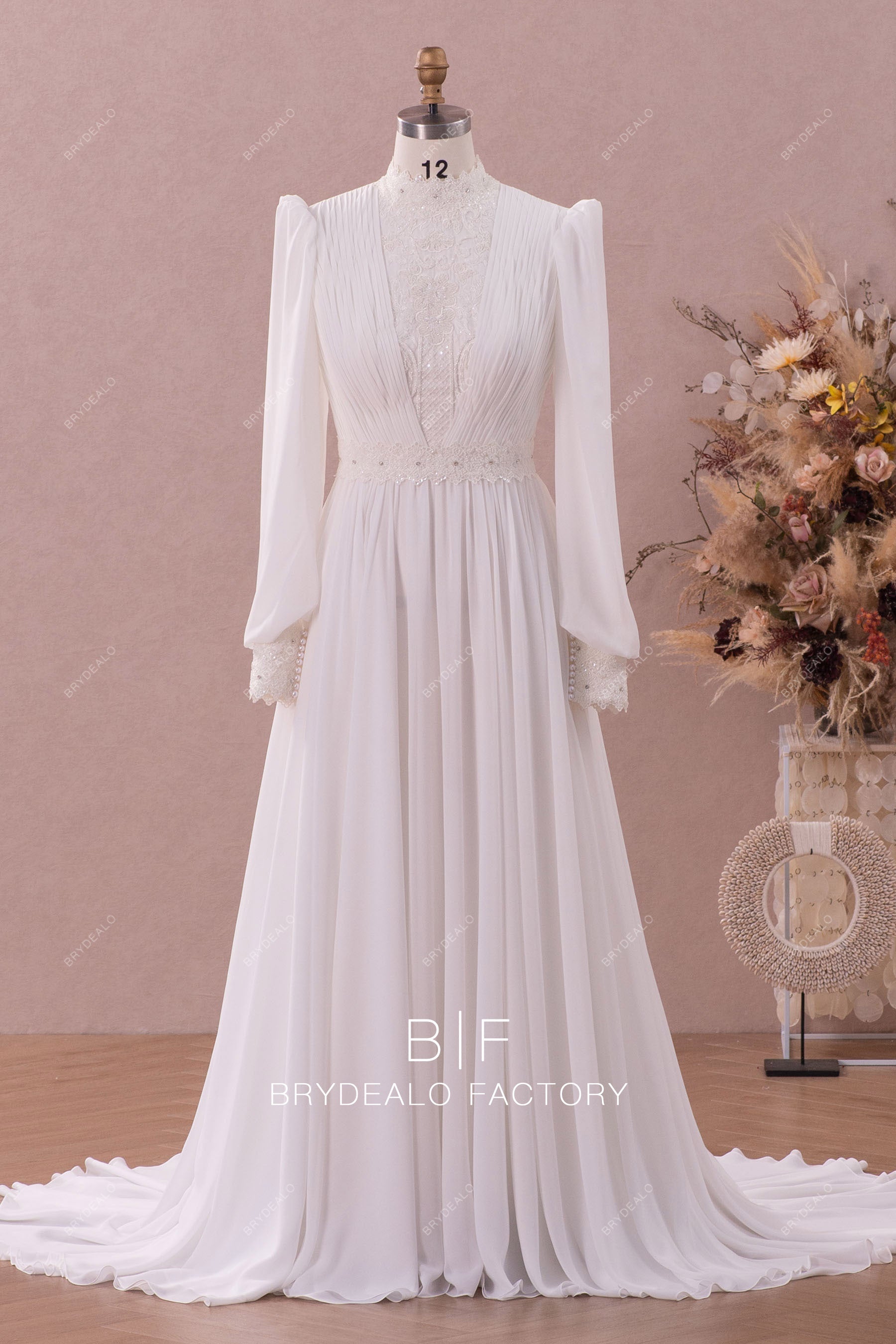 conservative long sleeve lace chiffon wedding dress