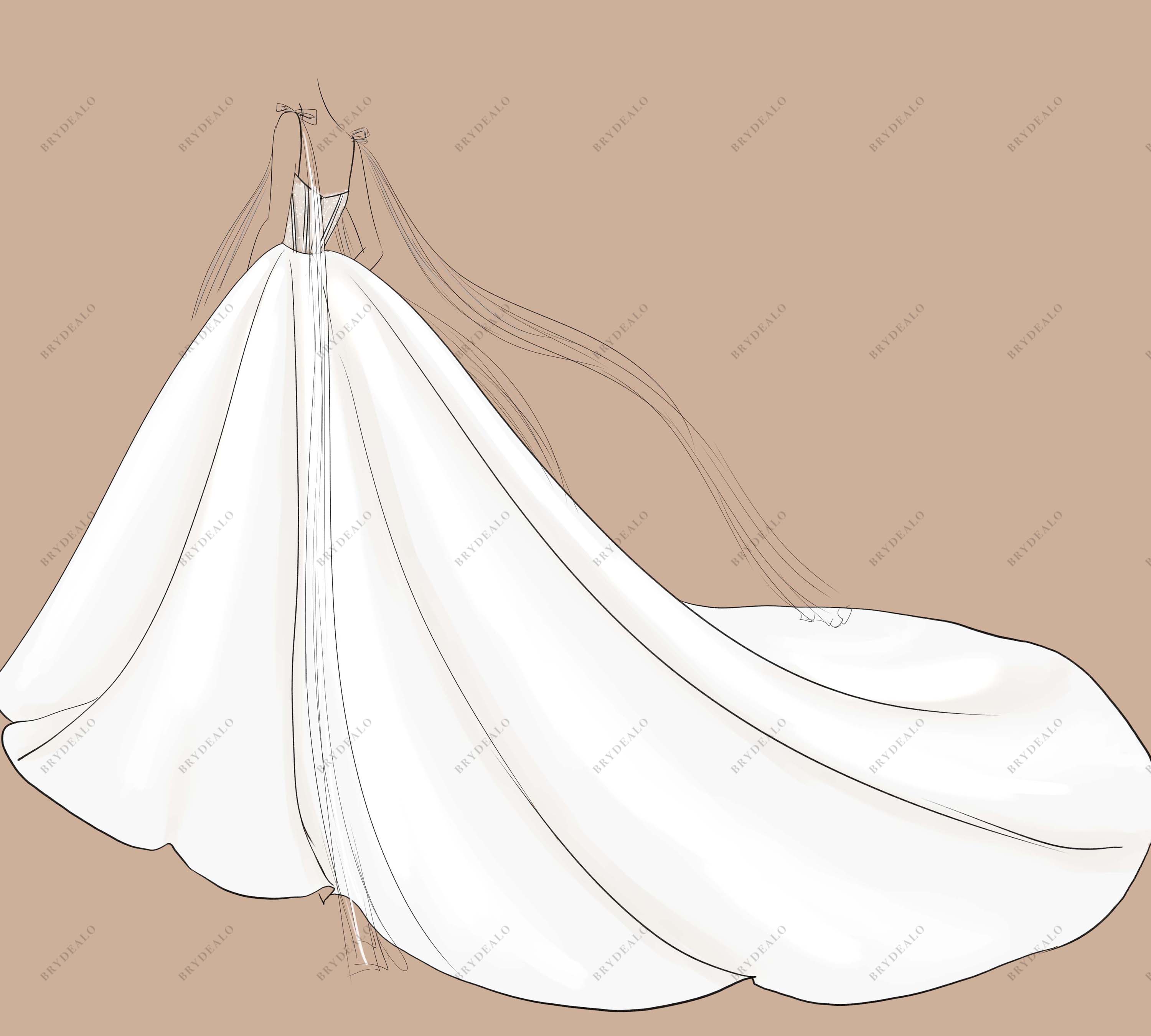 bow sash straps Long Train ball gown sketch