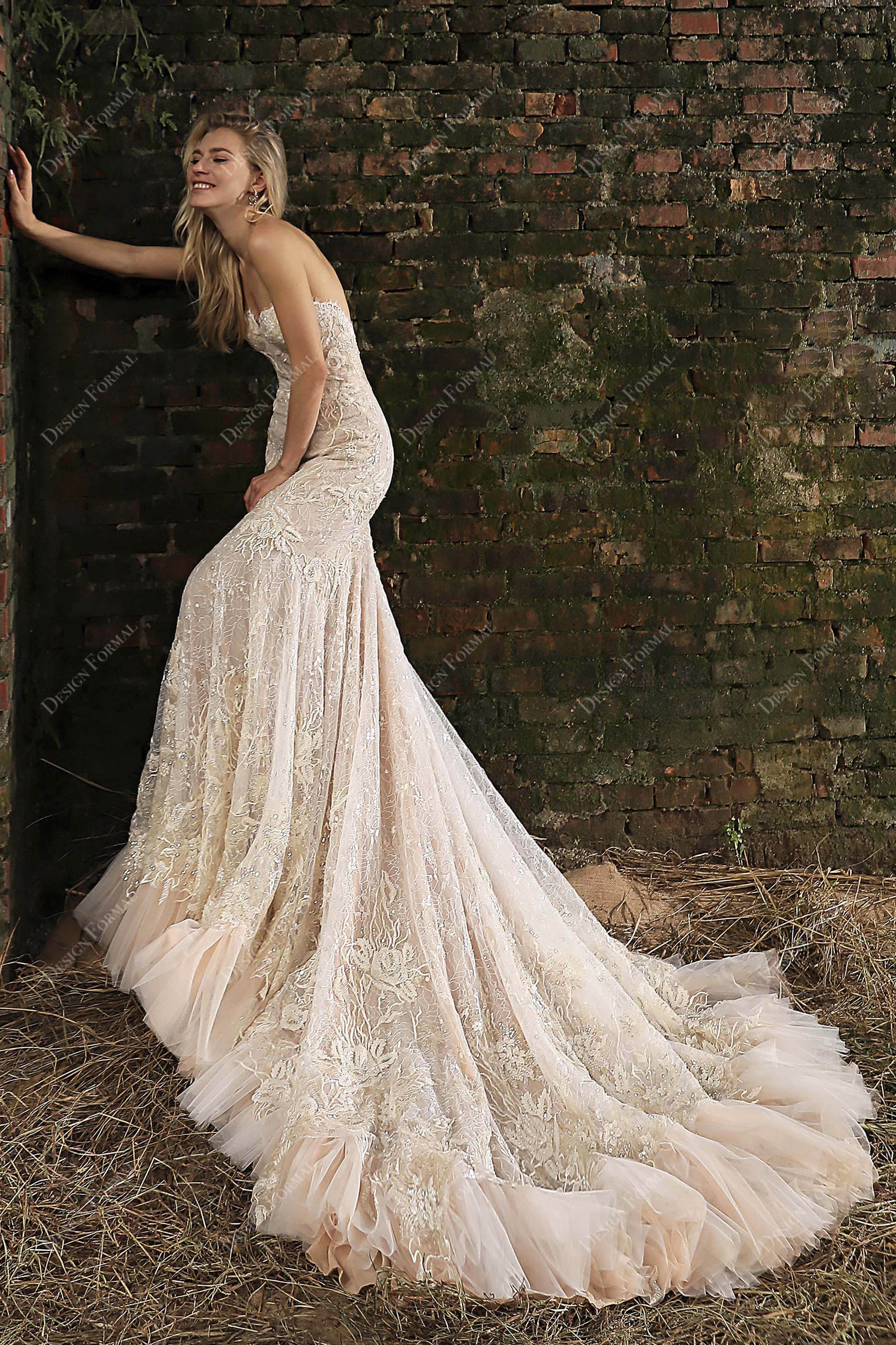 Designer Shimmery Lace Strapless Corset Dusty Rose Mermaid Wedding Dress