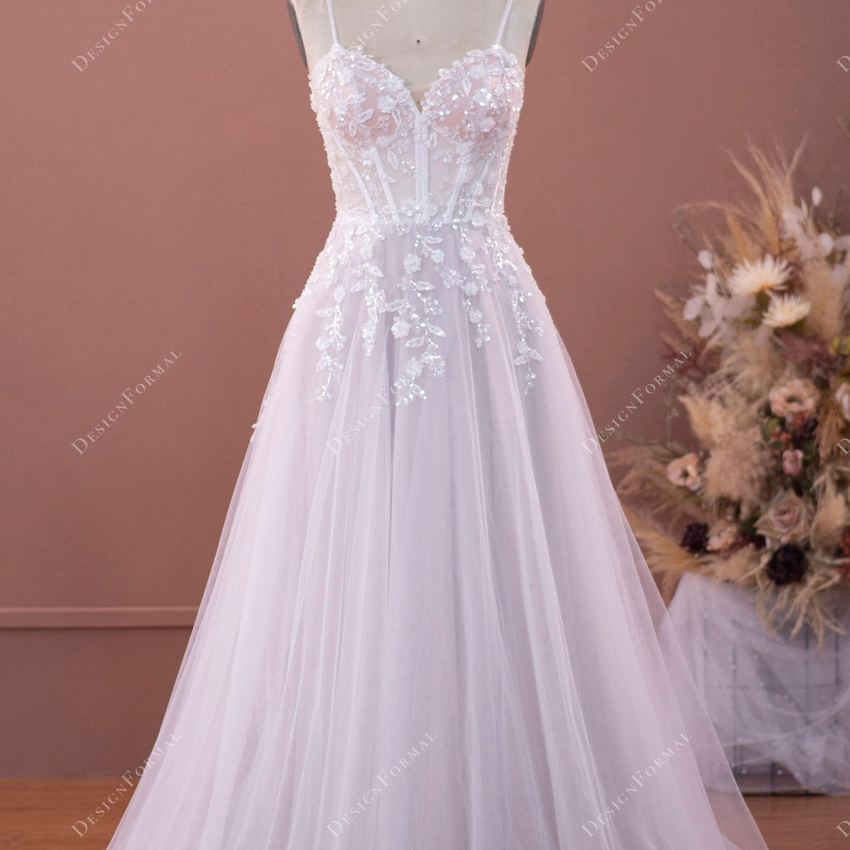 Ethereal Corset Straps Sequined Flower Lace Oyster Wedding Dress
