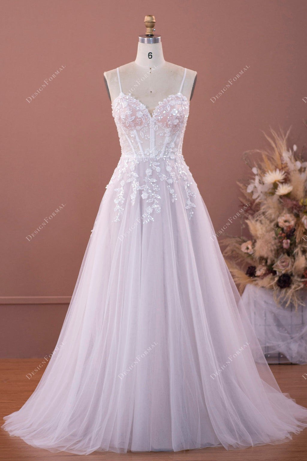 Ethereal Corset Straps Sequined Flower Lace Oyster Wedding Dress