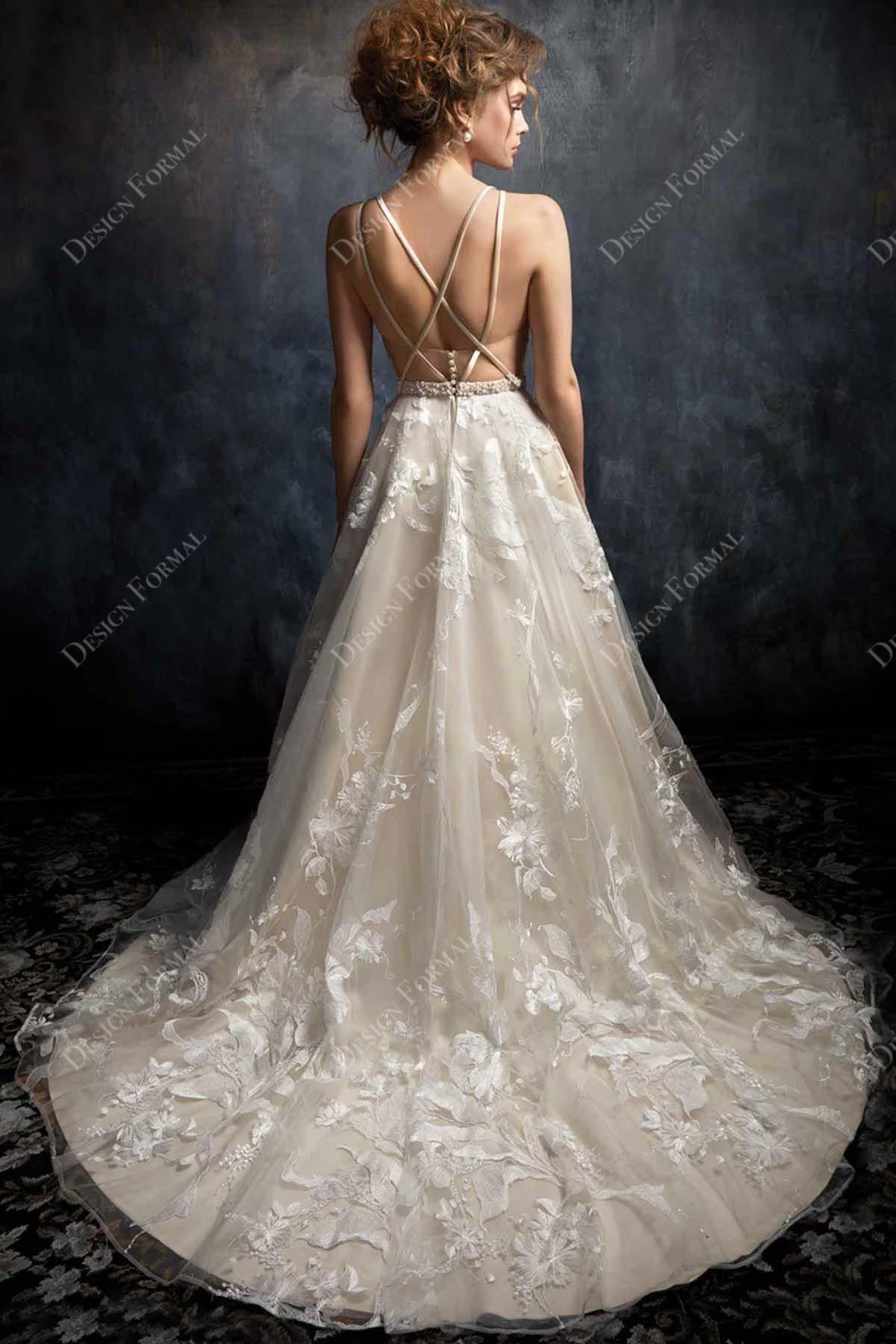 court train designer lace low back bridal dress made-to-order 