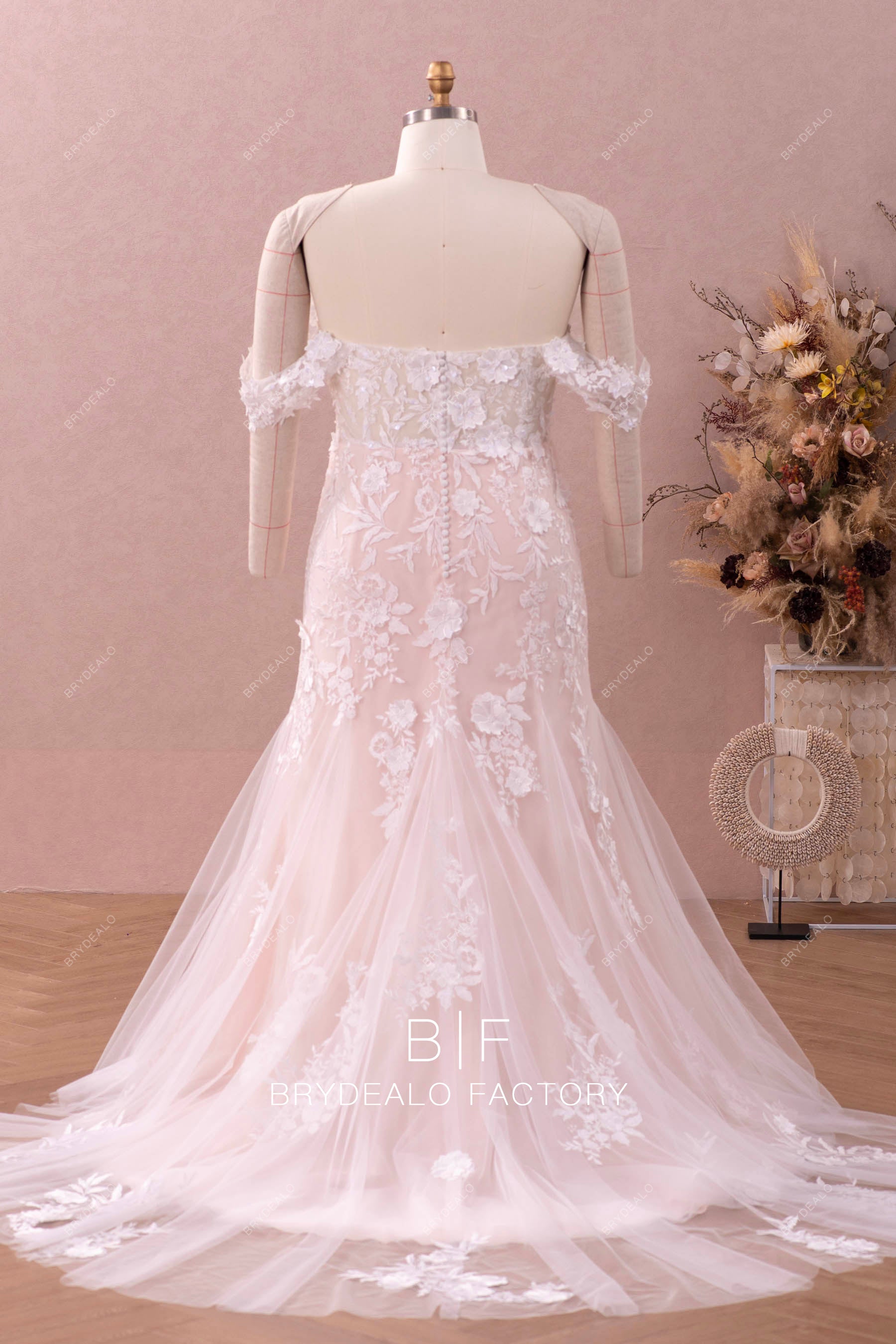 court train illusion buttoned back fall bridal gown