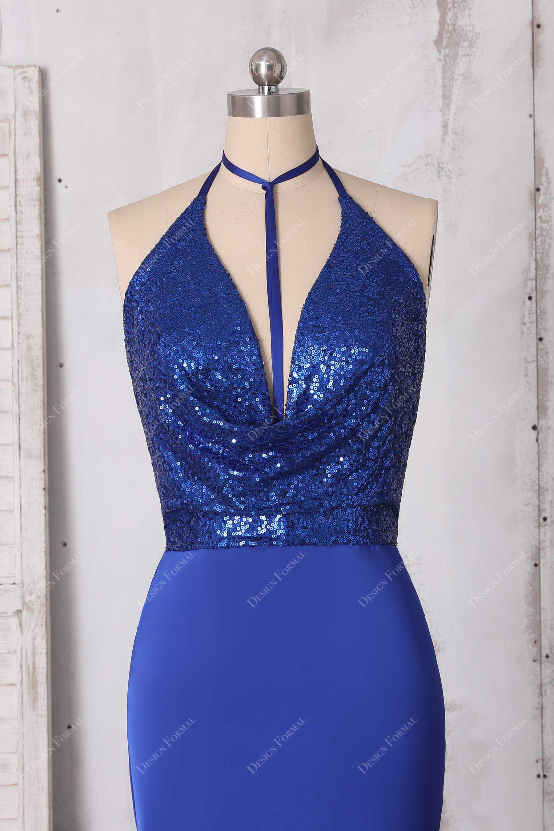 cowl neck halter sequin prom dress