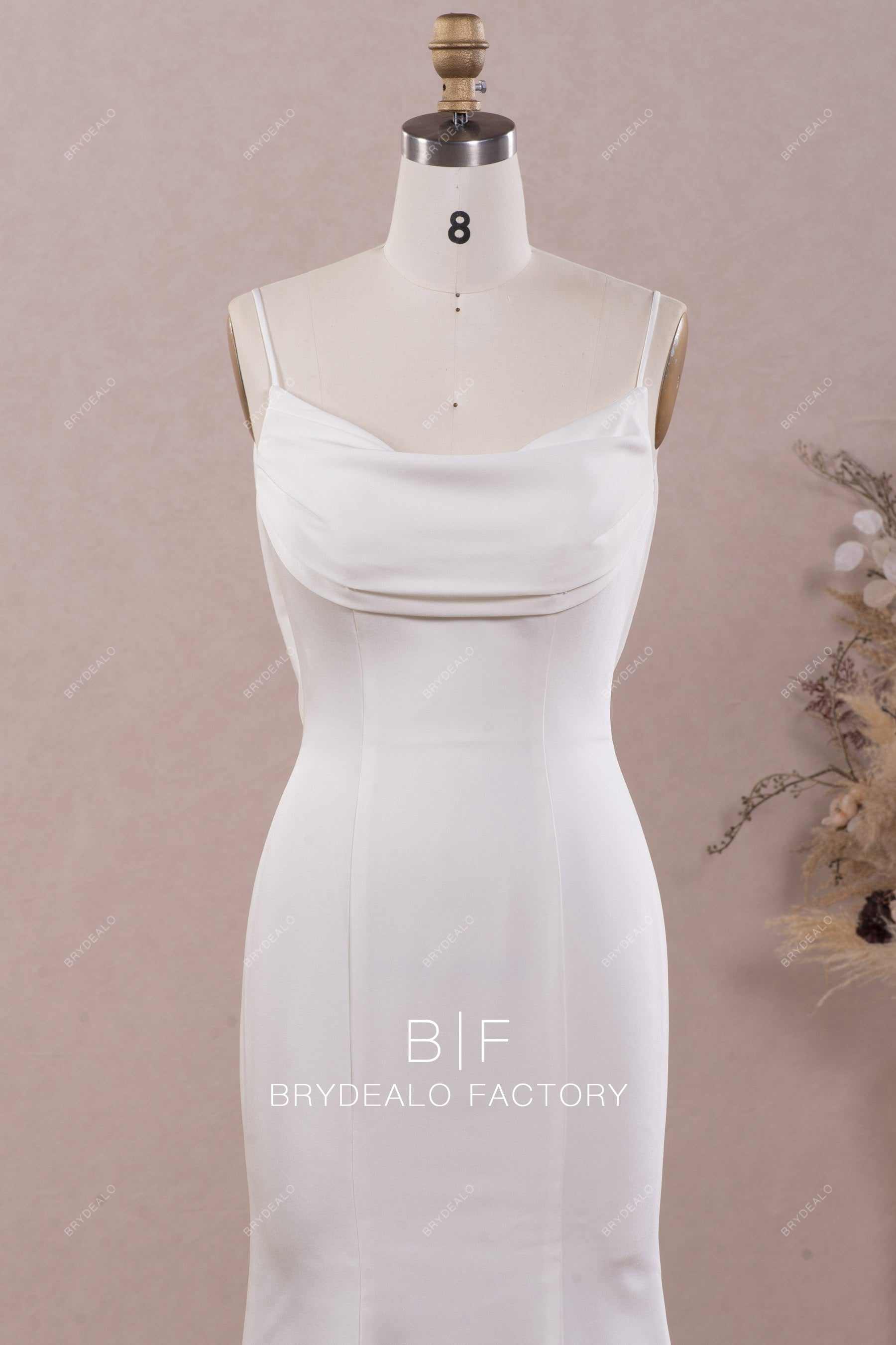 sleeveless cowl neck satin destination wedding dress