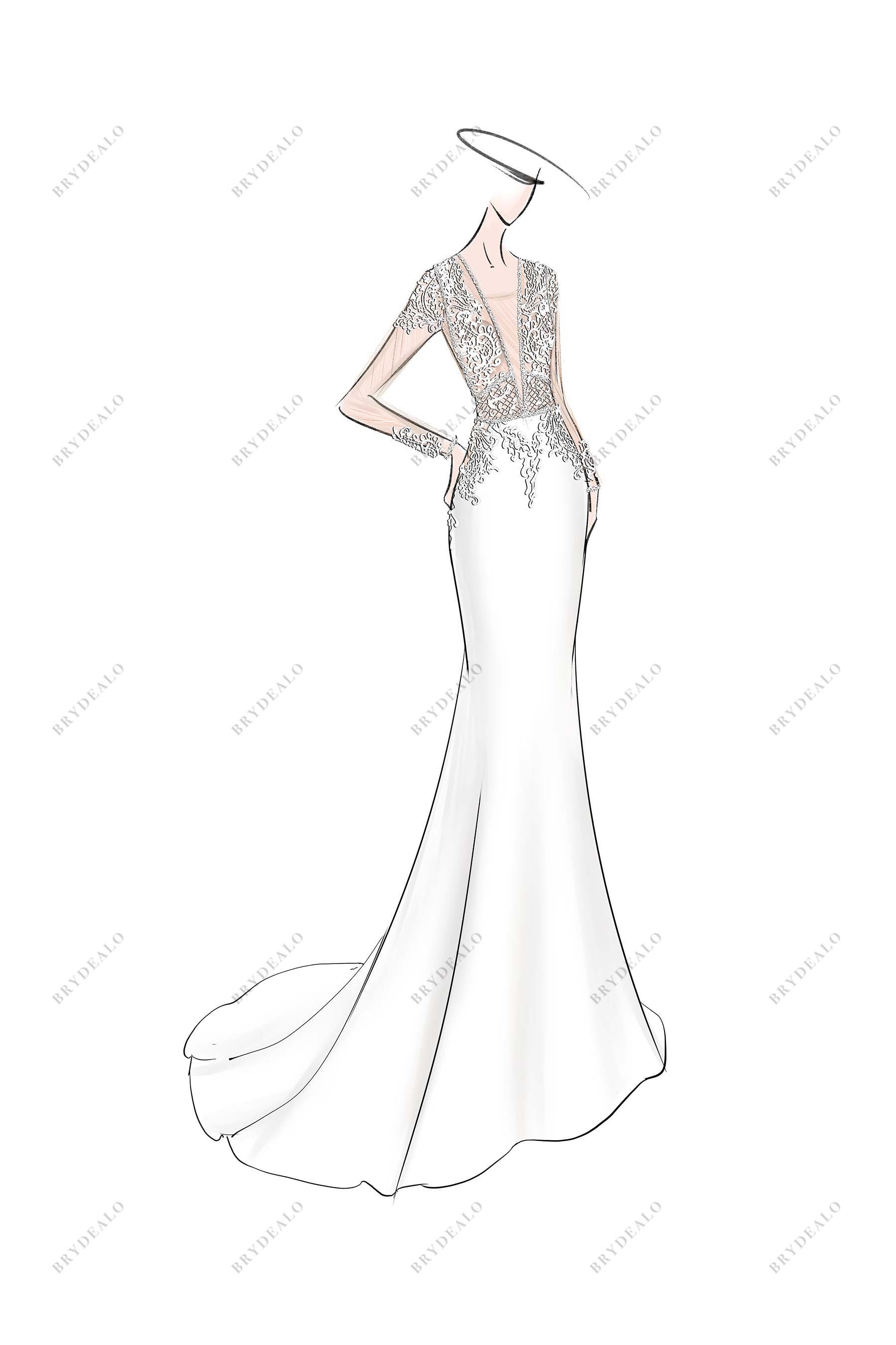 crepe mermaid long sleeve custom-made bridal dress sketch