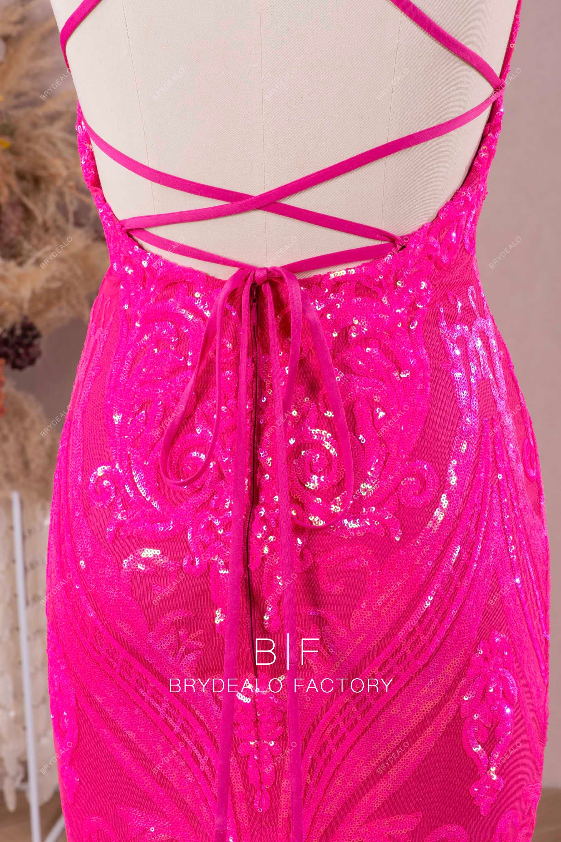 sparkly sequin fuchsia crisscross open back prom dress