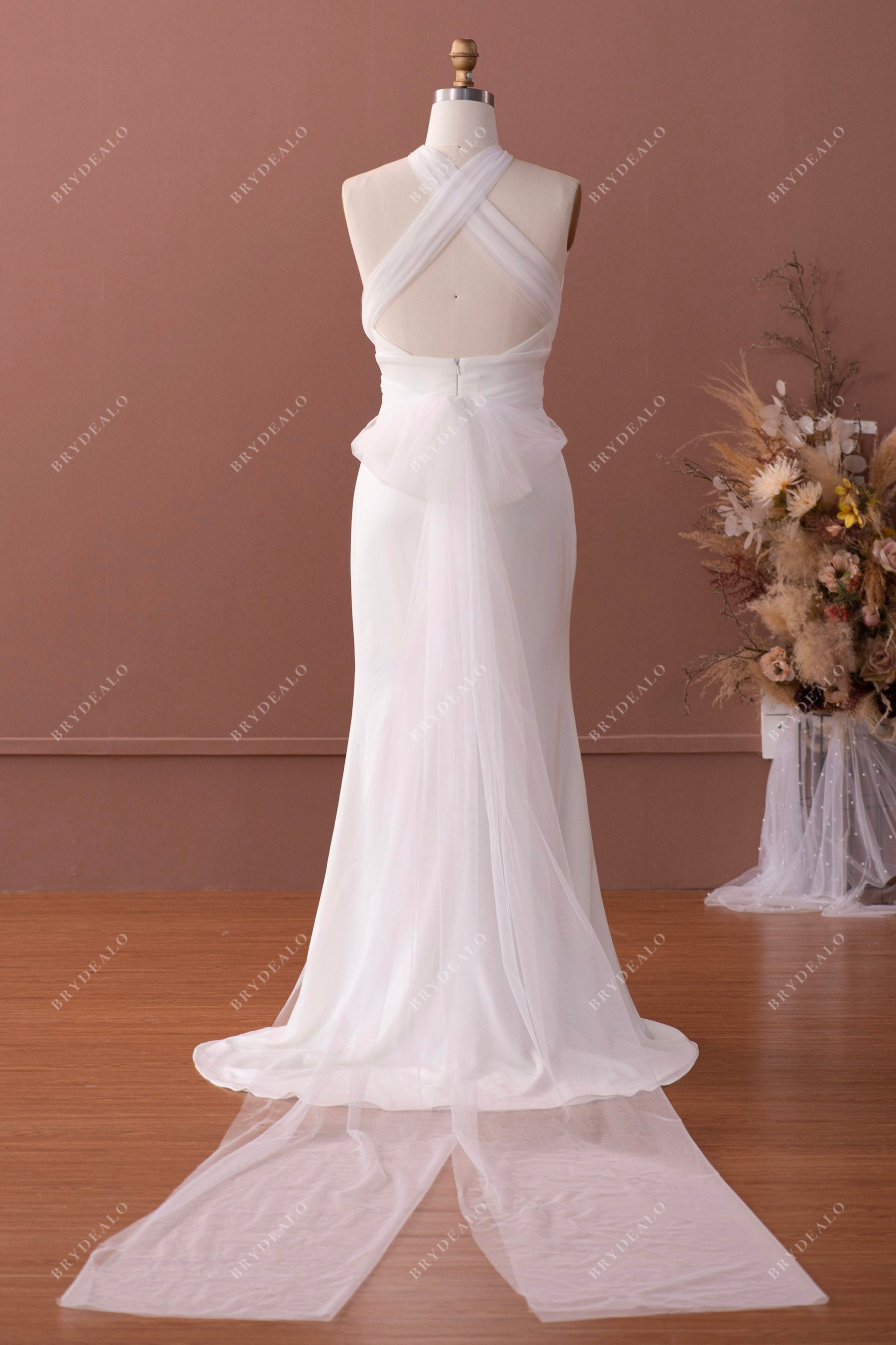 crisscross back informal tulle streamers bridal gown