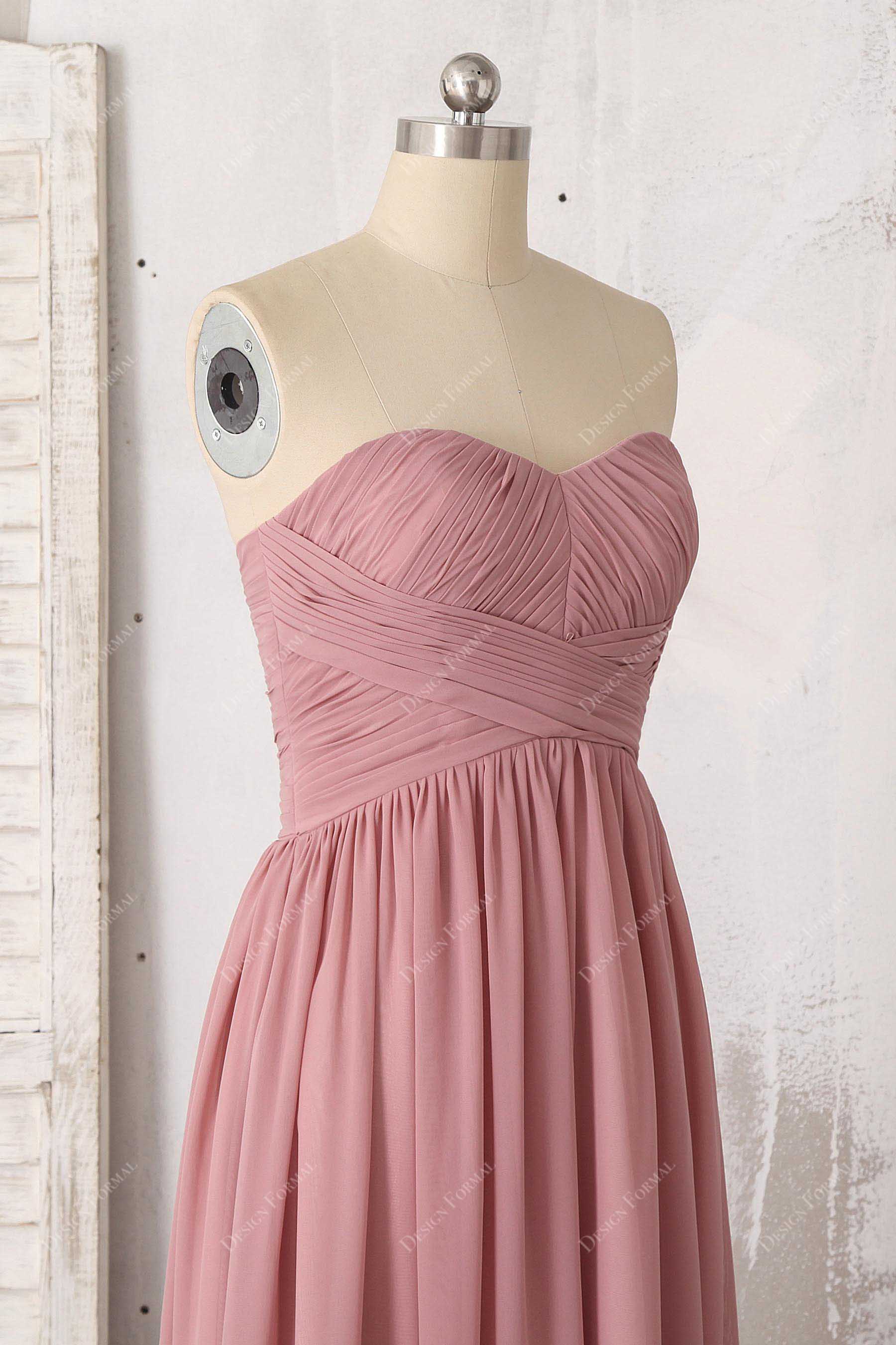 crisscross pleated chiffon strapless bridesmaid dress