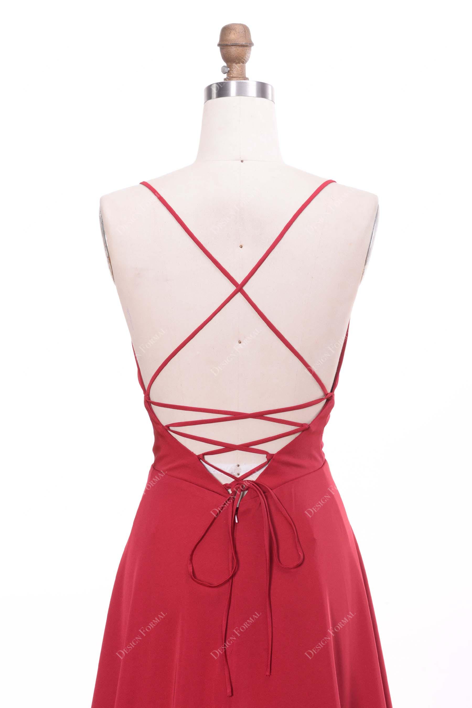 crisscross open back thin straps red prom dress