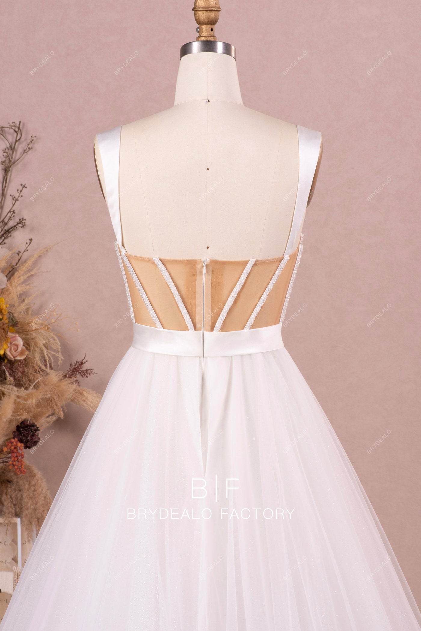 Designer Beaded Boning Illusion Corset A-line Long Wedding Dress
