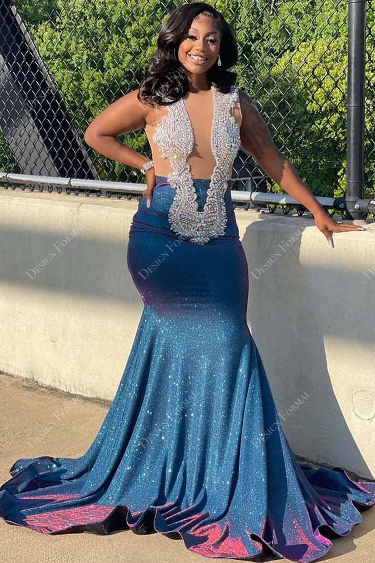 crystal plunging neck glitter mermaid prom dress