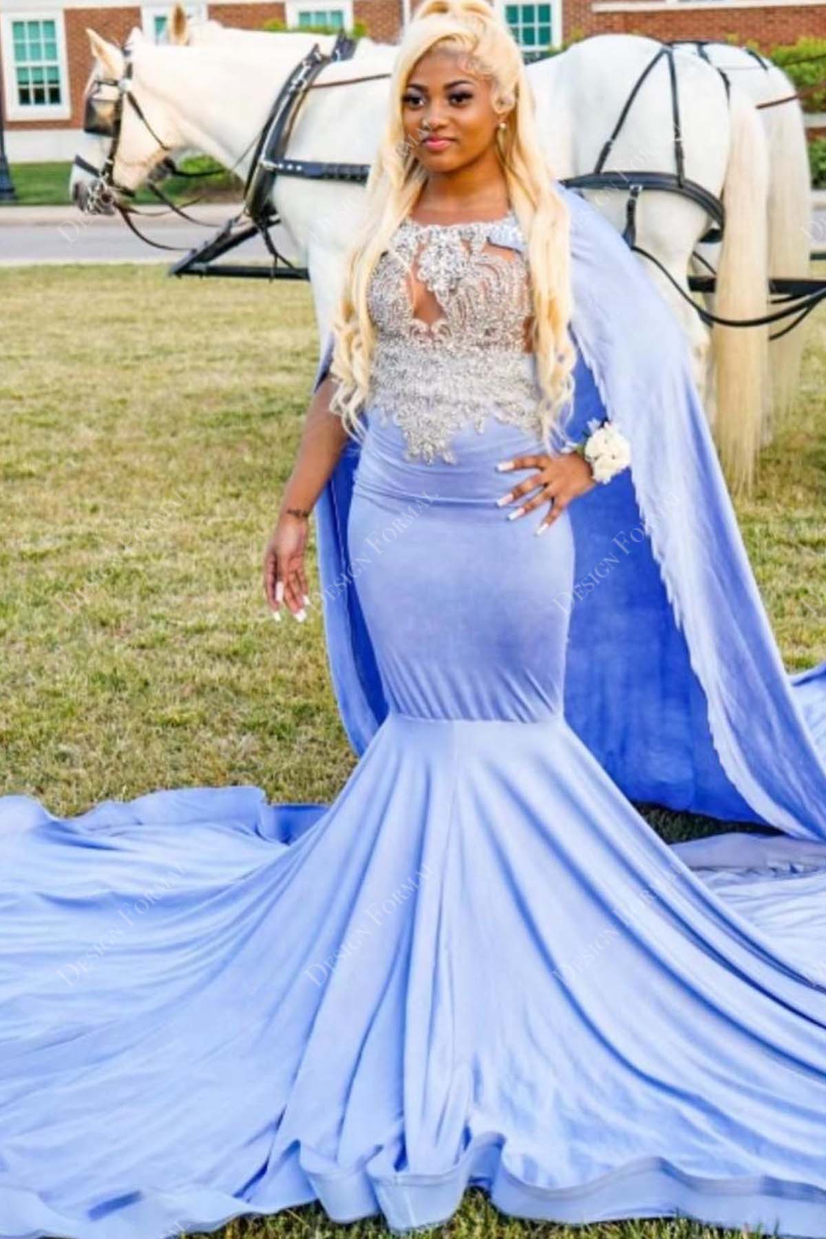 crystals cutout blue satin caped mermaid custom prom gown