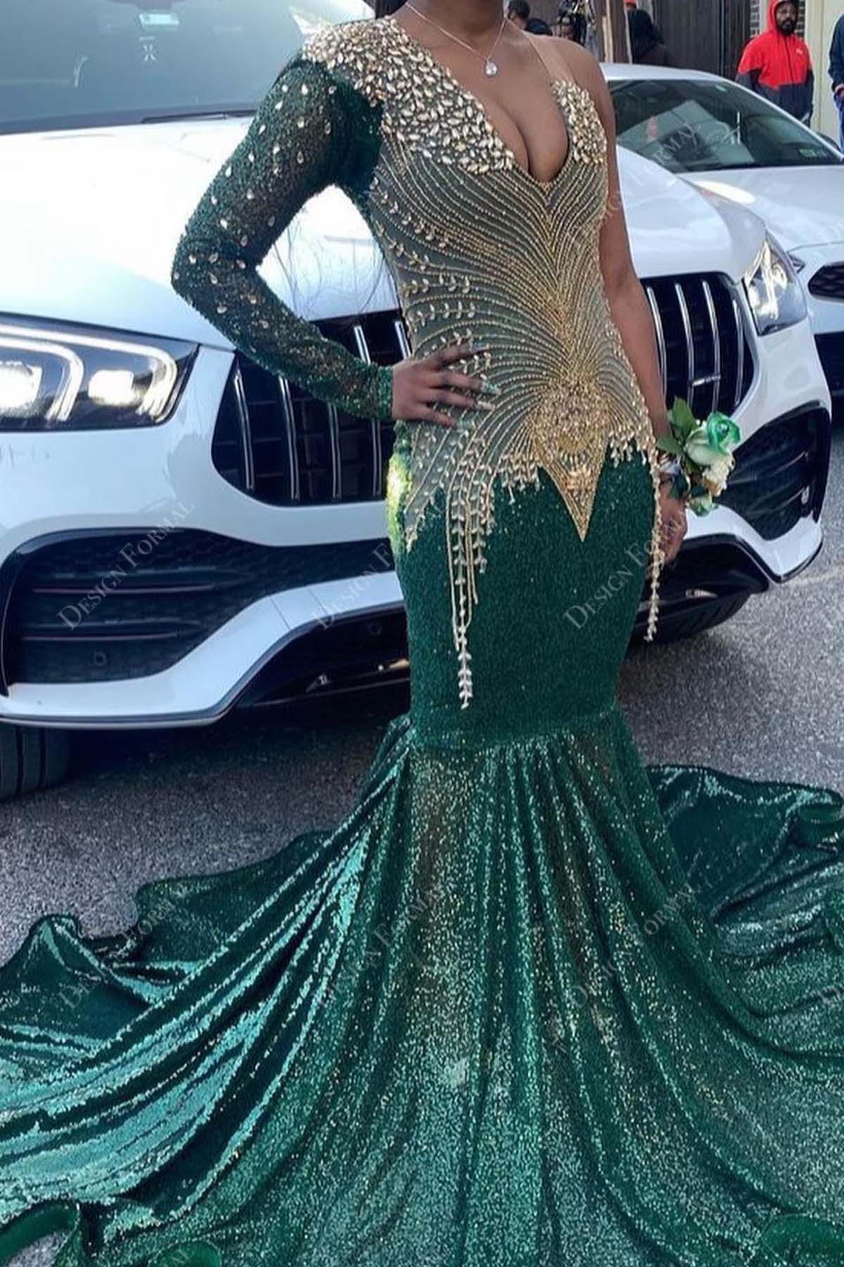 beaded crystals plunging one sleeve long mermaid prom gown