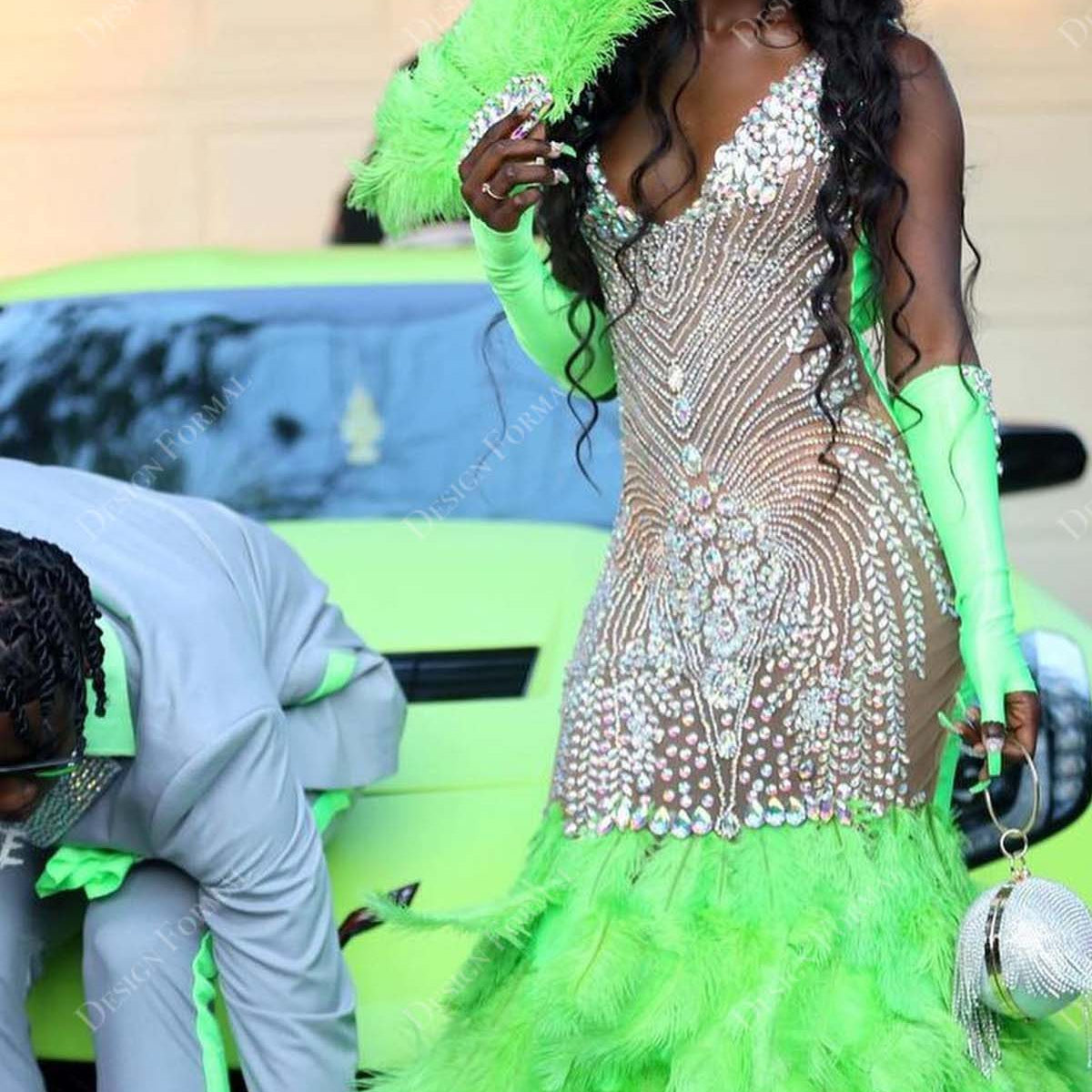 Crystals V-neck Lime Green Big Feathers Designer Prom Dress