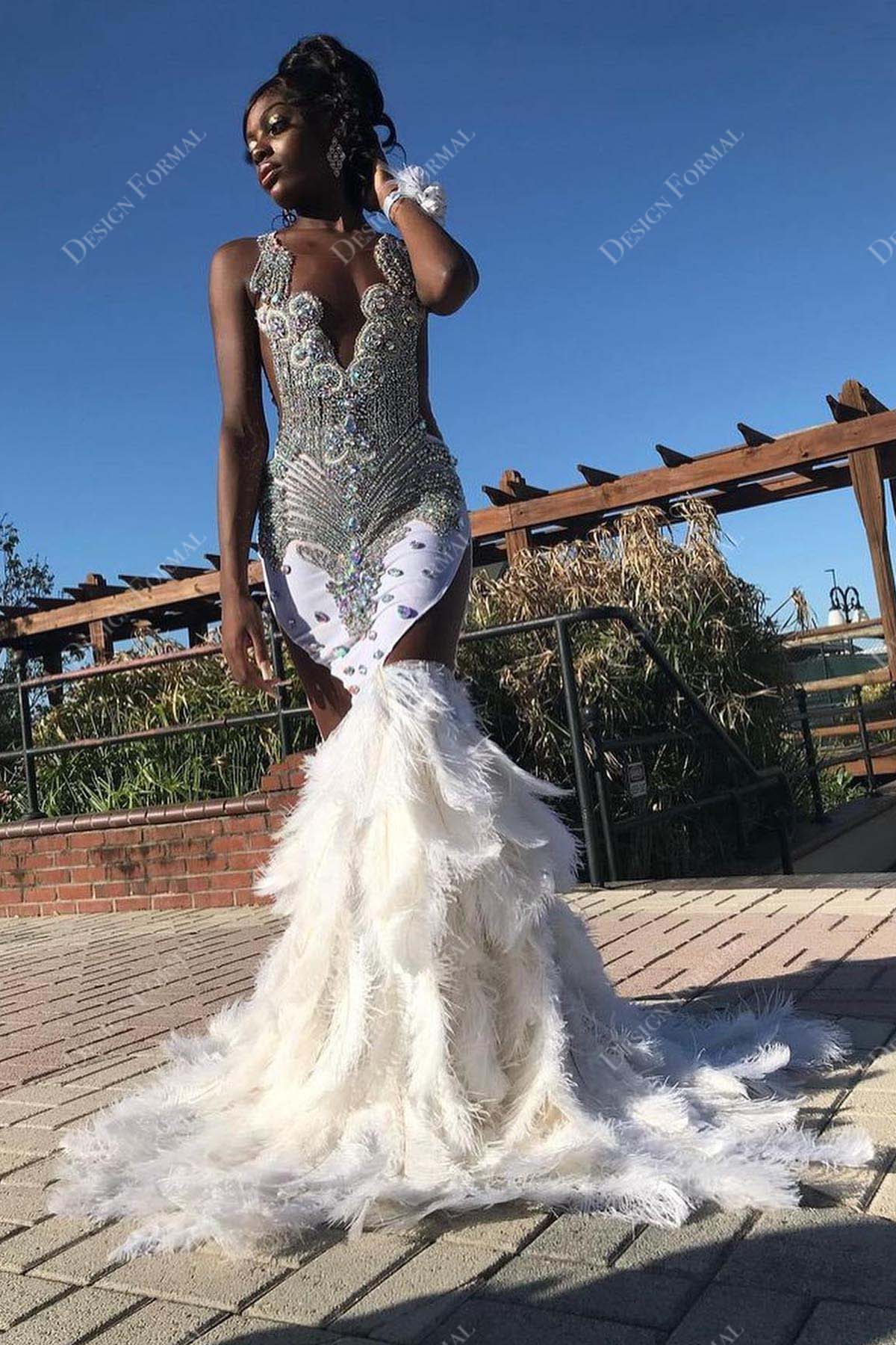 crystals feathers trumpet prom dress