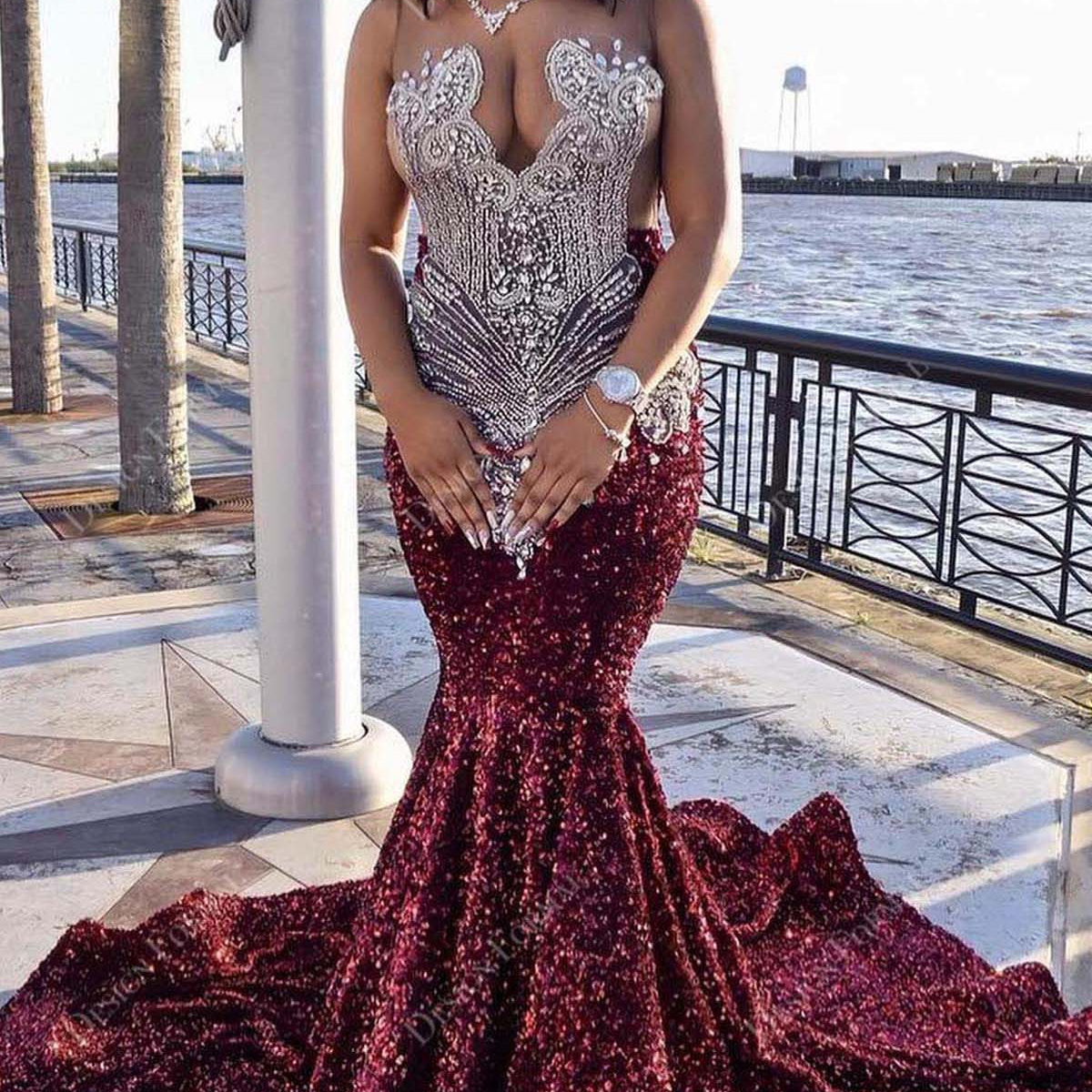 Crystals Illusion Burgundy Sequin Made-to-Order Prom Dress Crystals Illusion Burgundy Sequin Made-to-Order Prom Dress