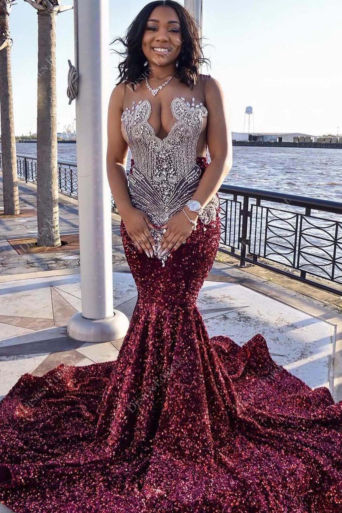 crystals illusion burgundy glitter prom dress