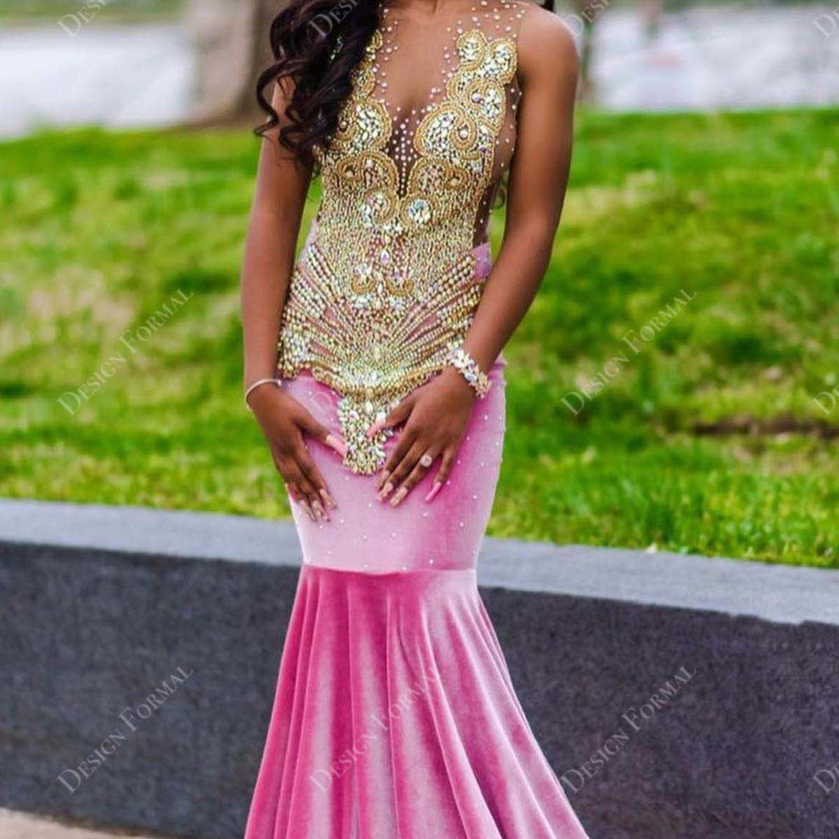 Crystals Illusion Pink Velvet Mermaid Custom Made Prom Dress Crystals Illusion Pink Velvet Mermaid Custom Made Prom Dress