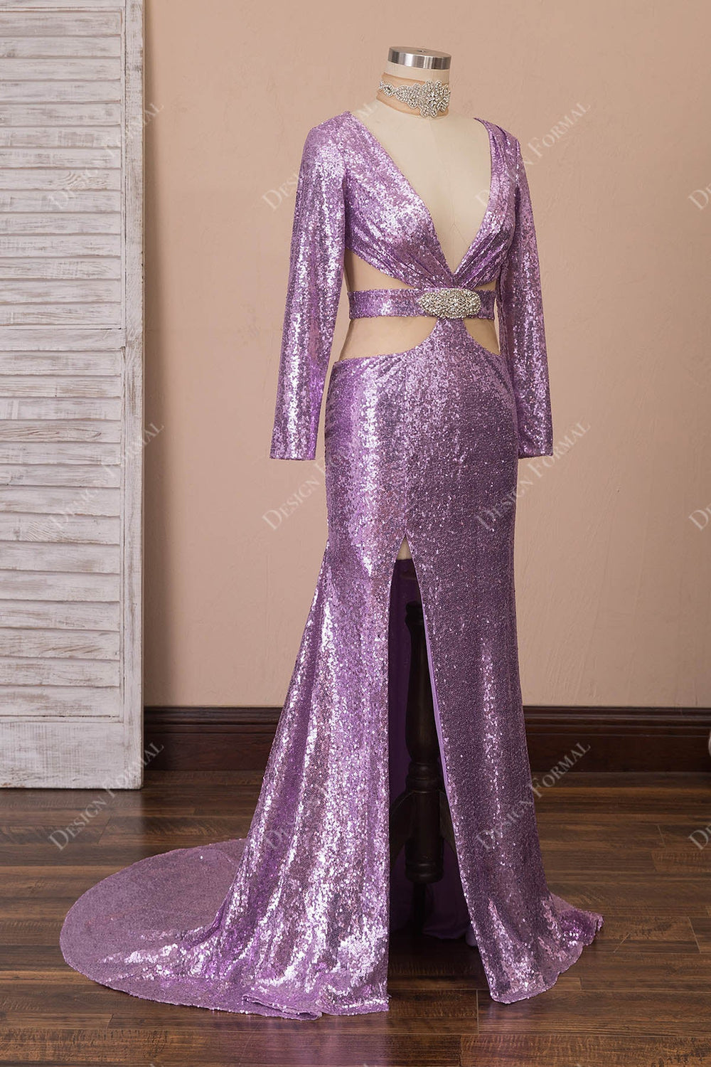 Blush Crystal Sequin Slit Dress CD0206