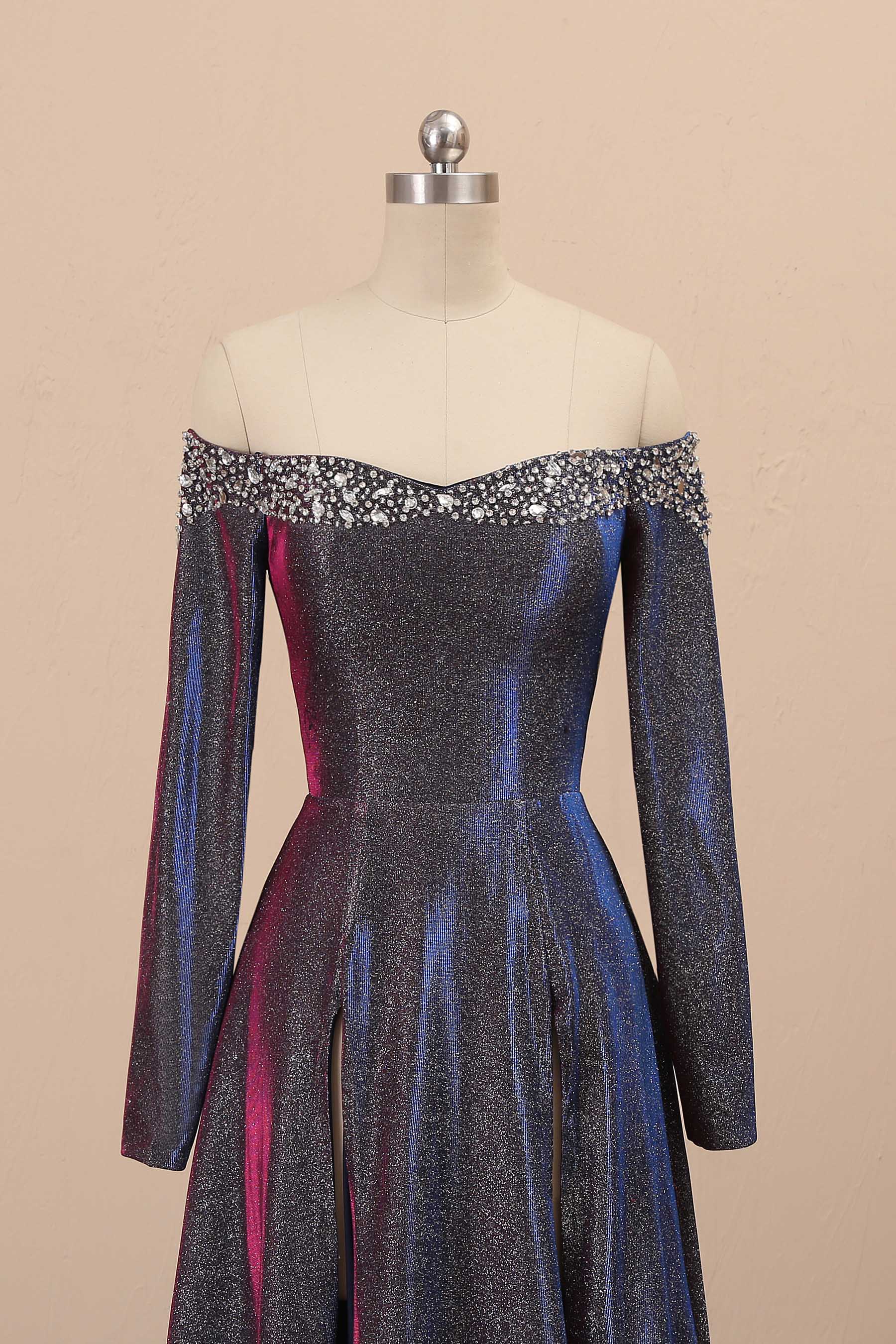 Crystals Off Shoulder Glitter Prom Dress