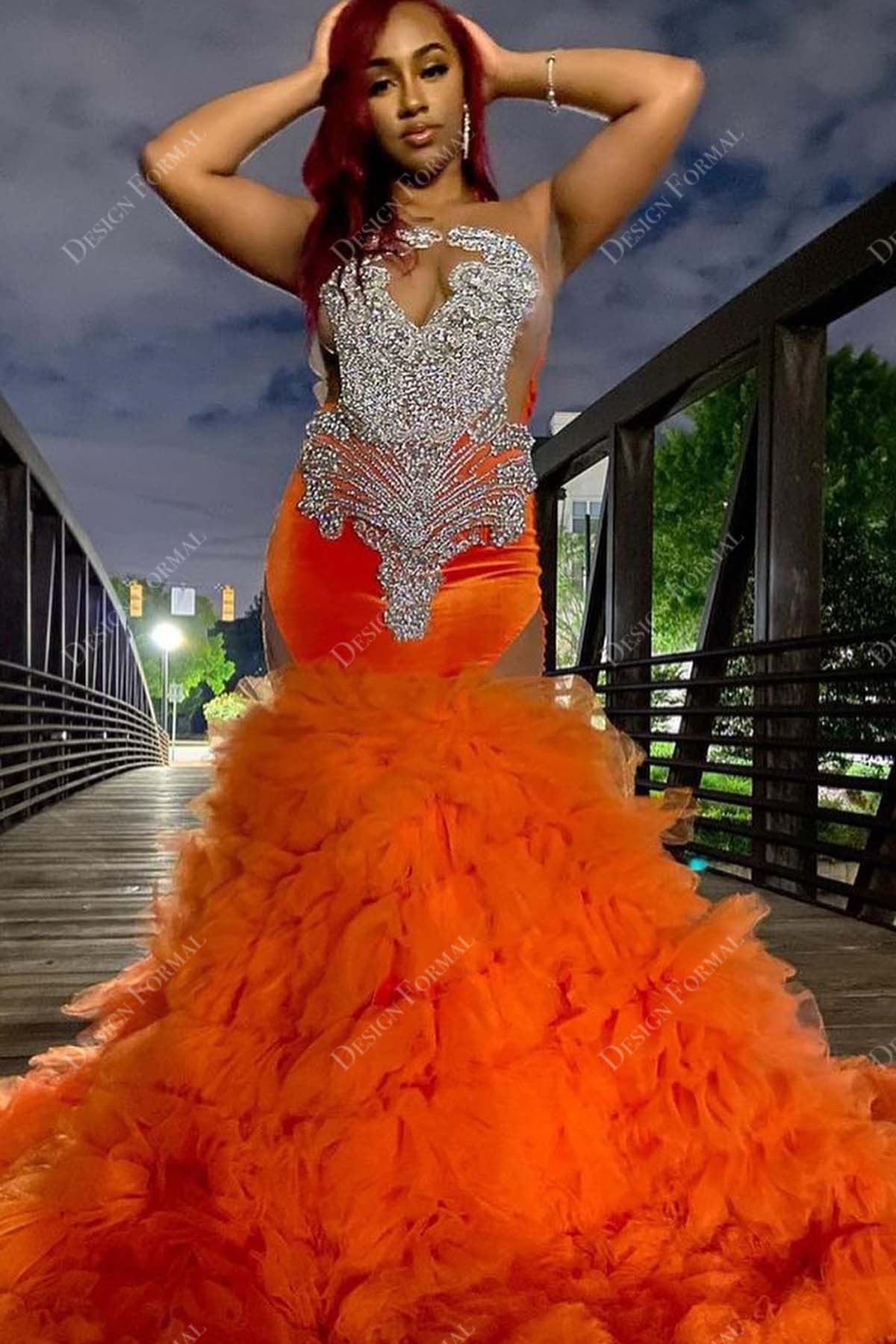 crystals illusion orange ruffled tulle trumpet prom dress