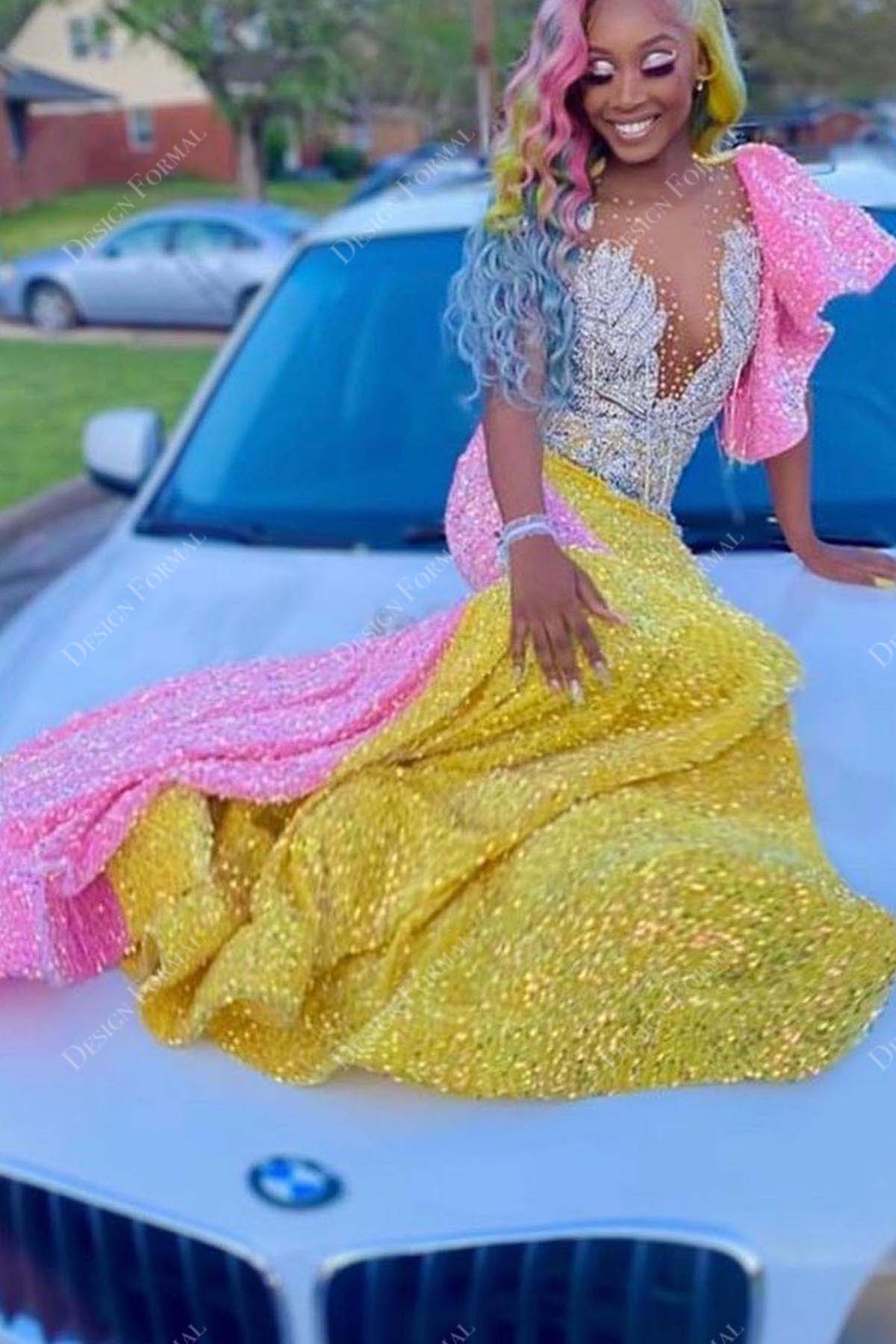 crystals pink and yellow glitter flutter one sleeve mermaid prom gown
