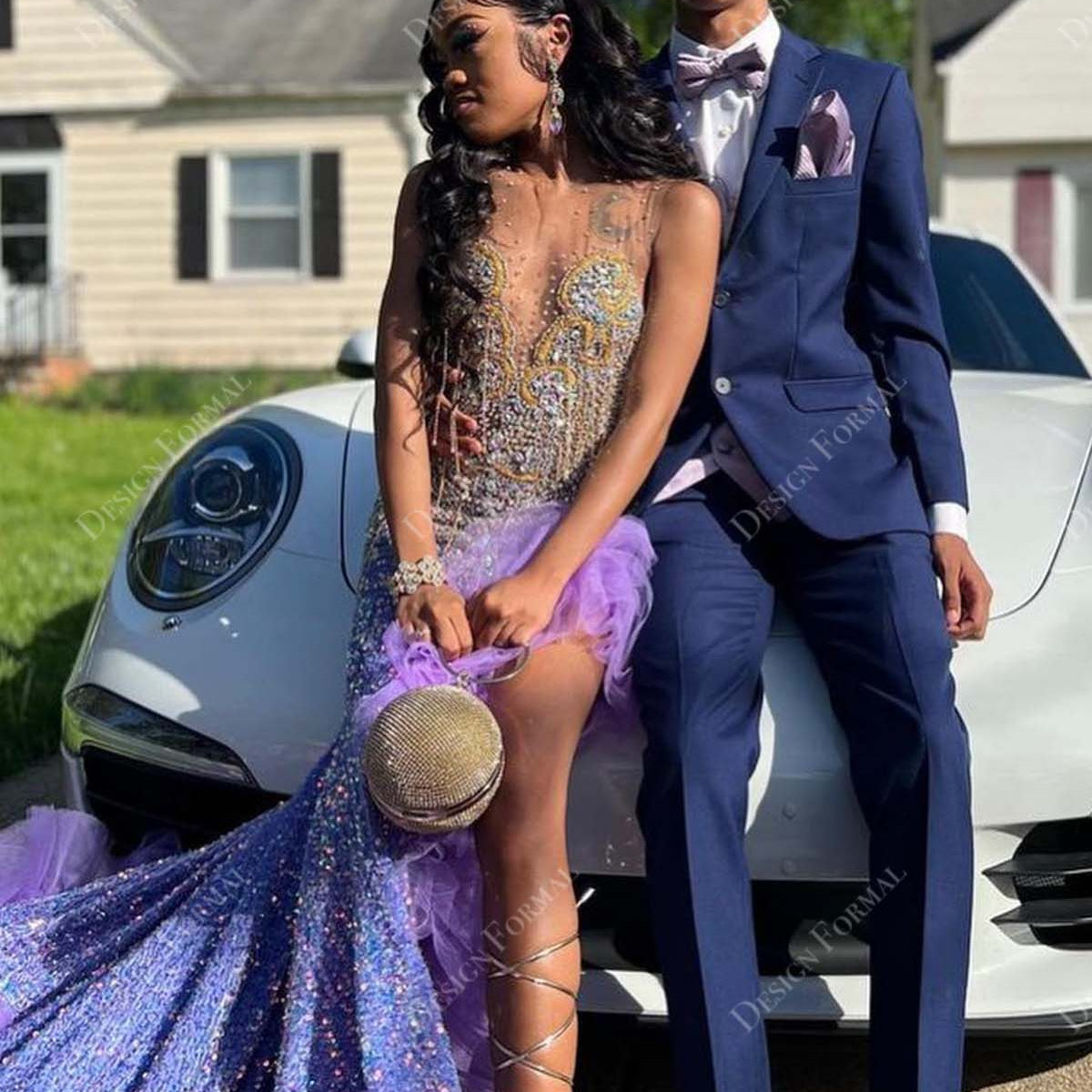 Crystals Purple Sequin Mermaid High Slit Crafted Prom Dress Crystals Purple Sequin Mermaid High Slit Crafted Prom Dress