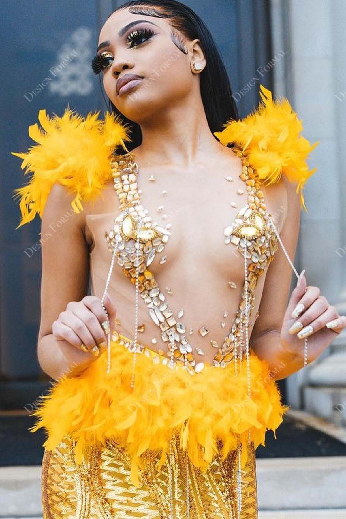crystals sheer yellow feather sequin prom dress