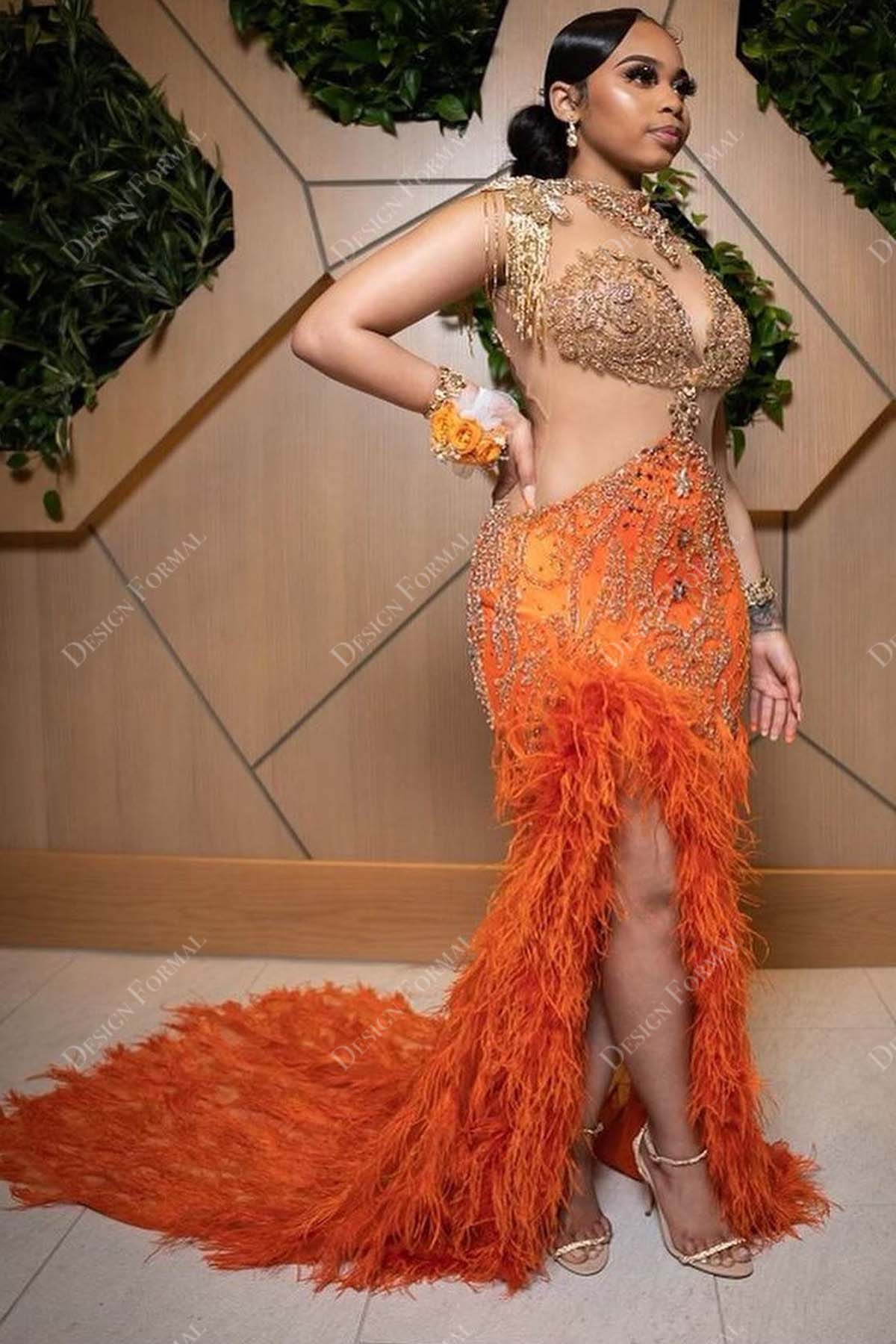 crystals sheer orange sequin feather mermaid long designer prom gown