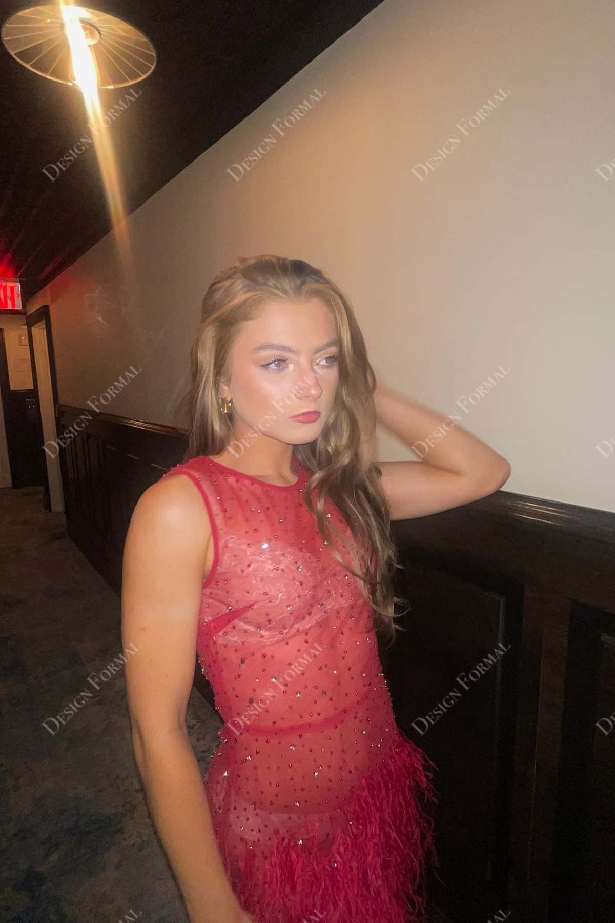 crystals sheer red feather sleeveless prom cocktail dress
