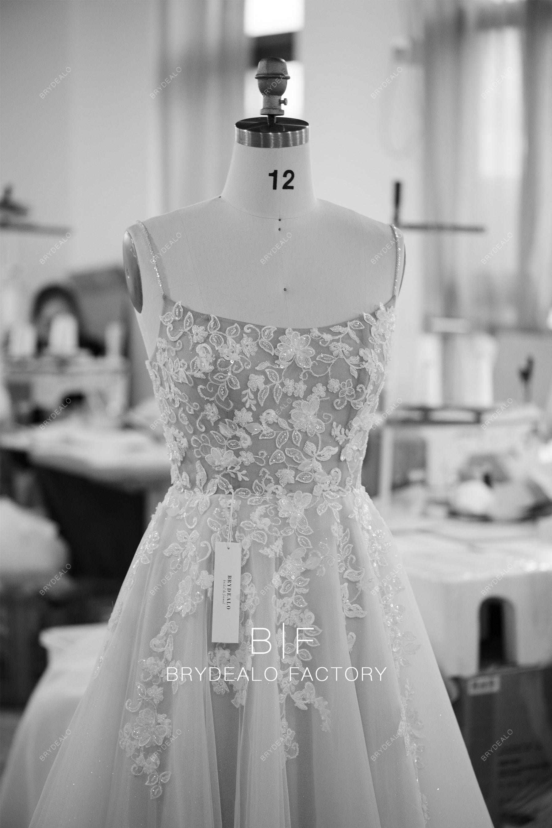 custom beaded straps flower lace wedding dress