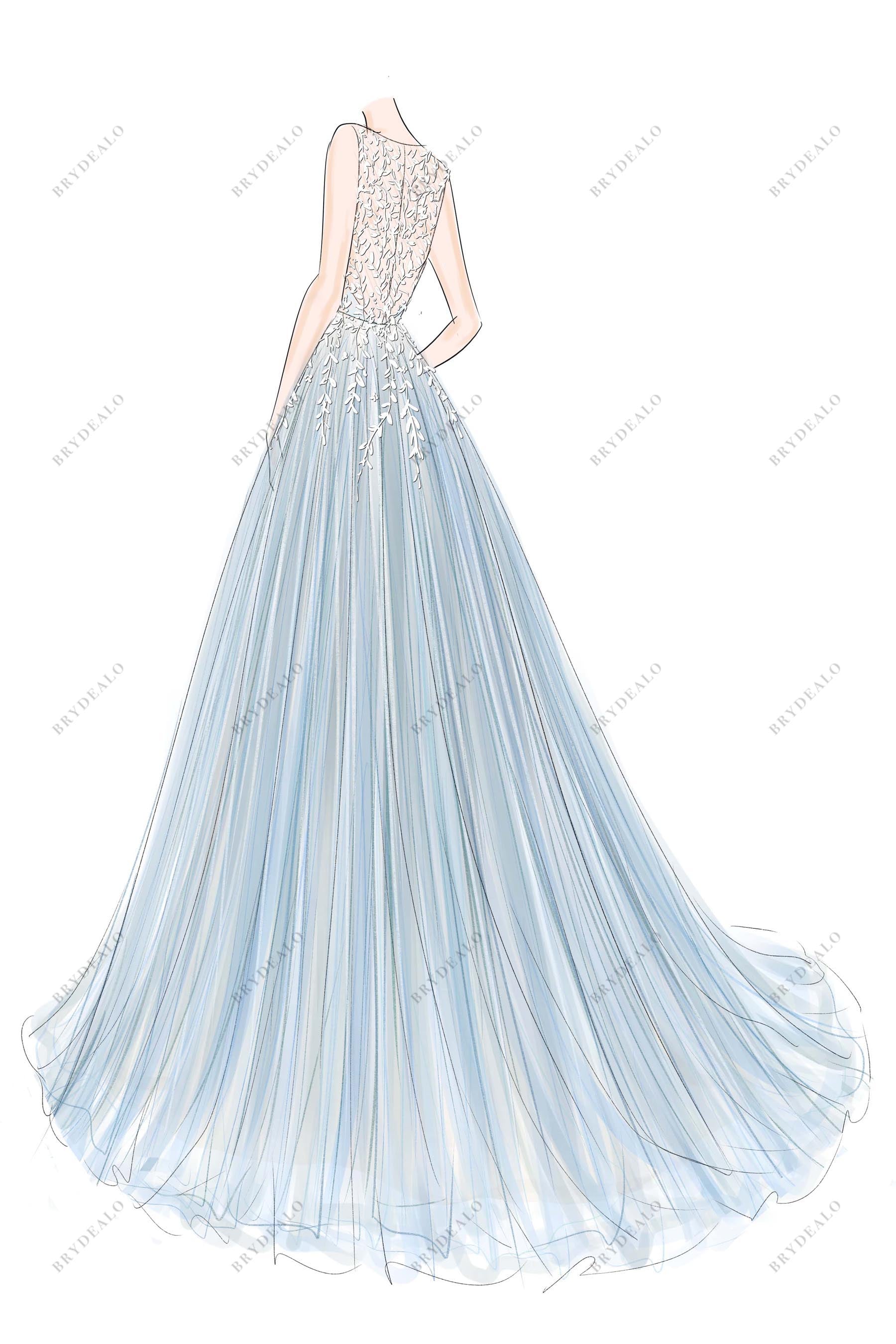custom blue illusion back wedding dress sketch