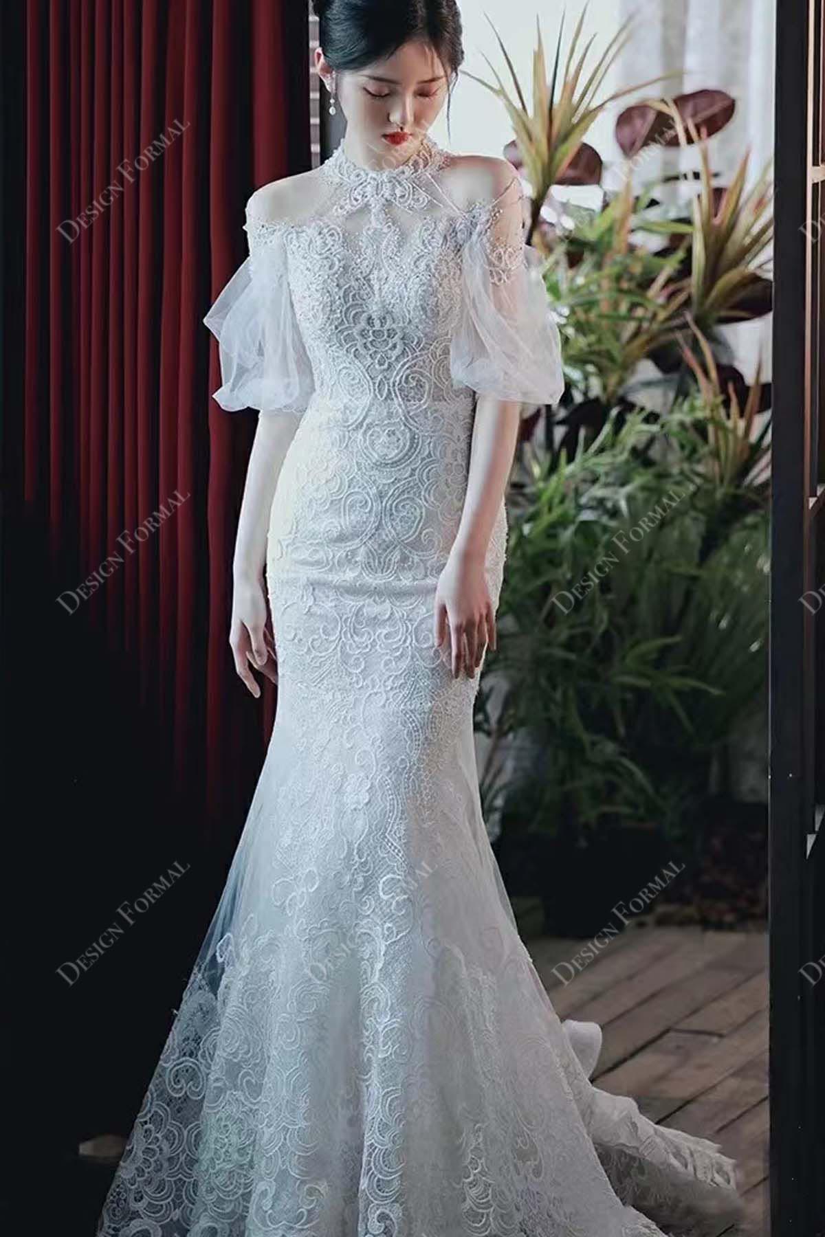 custom lace cold shoulder mermaid wedding dress