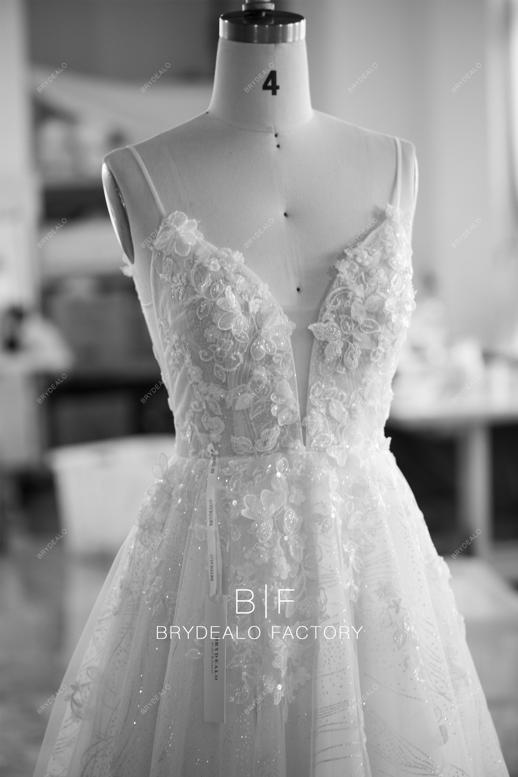 custom plunging beaded flower lace sparkly wedding gown