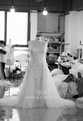 Nude Pink Plus Size Lace Tulle Fit and Flare Wedding Dress