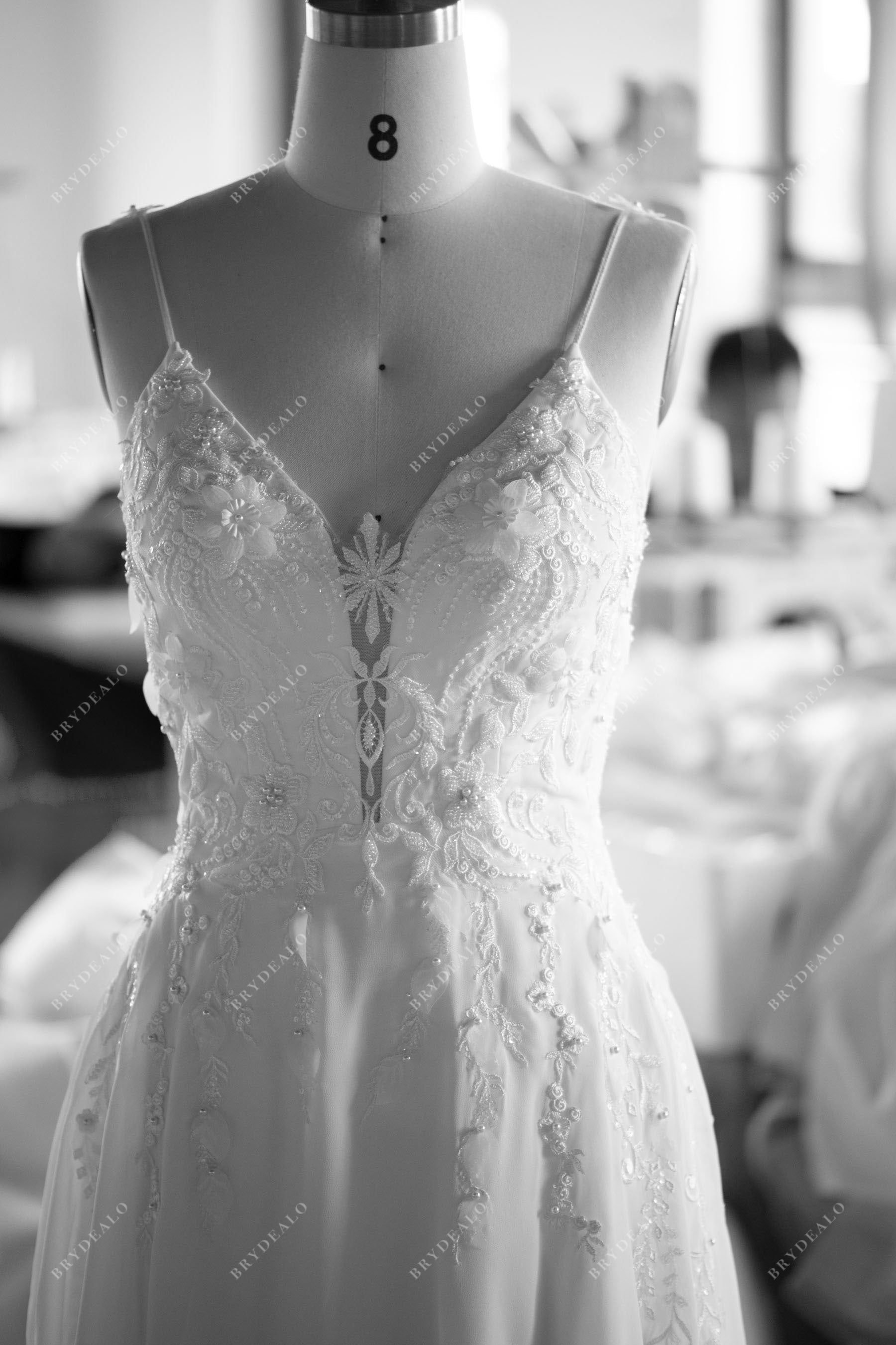 custom thin straps lace bridal gown