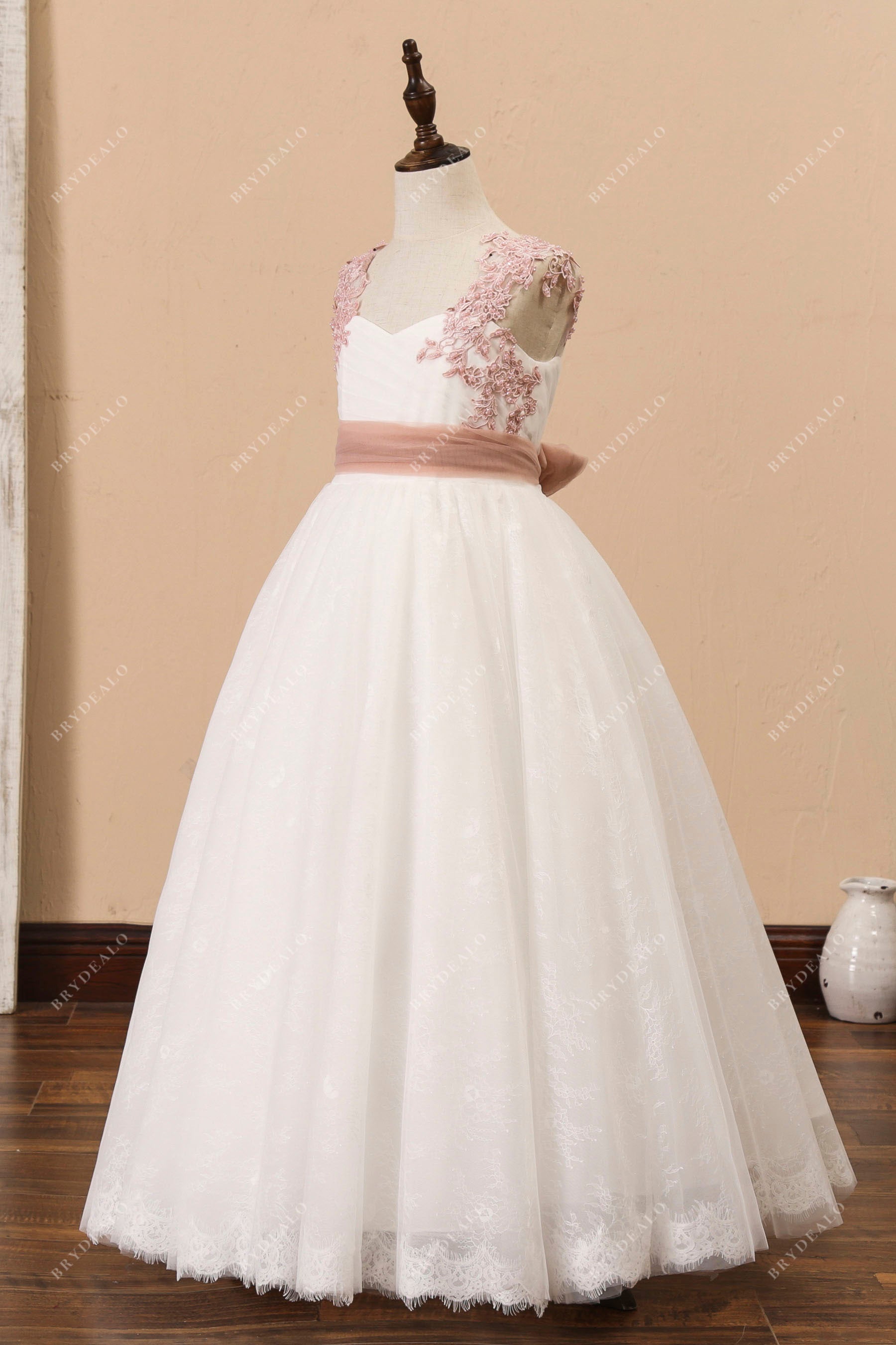 sleeveless lace straps floor length little girl wedding gown