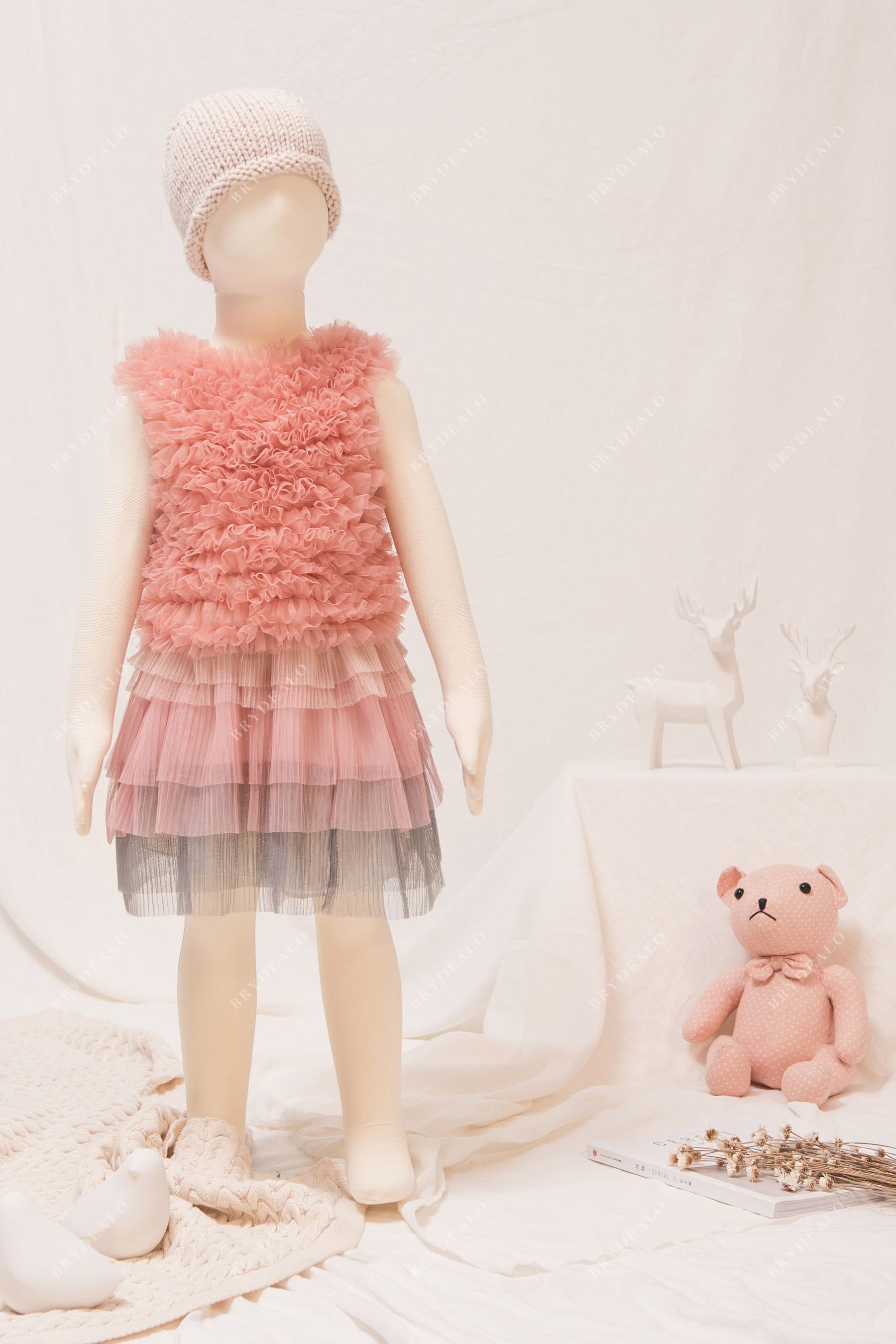 Designer Coral Two-Piece Fluffy Tank Top Tulle Little Girl Dress