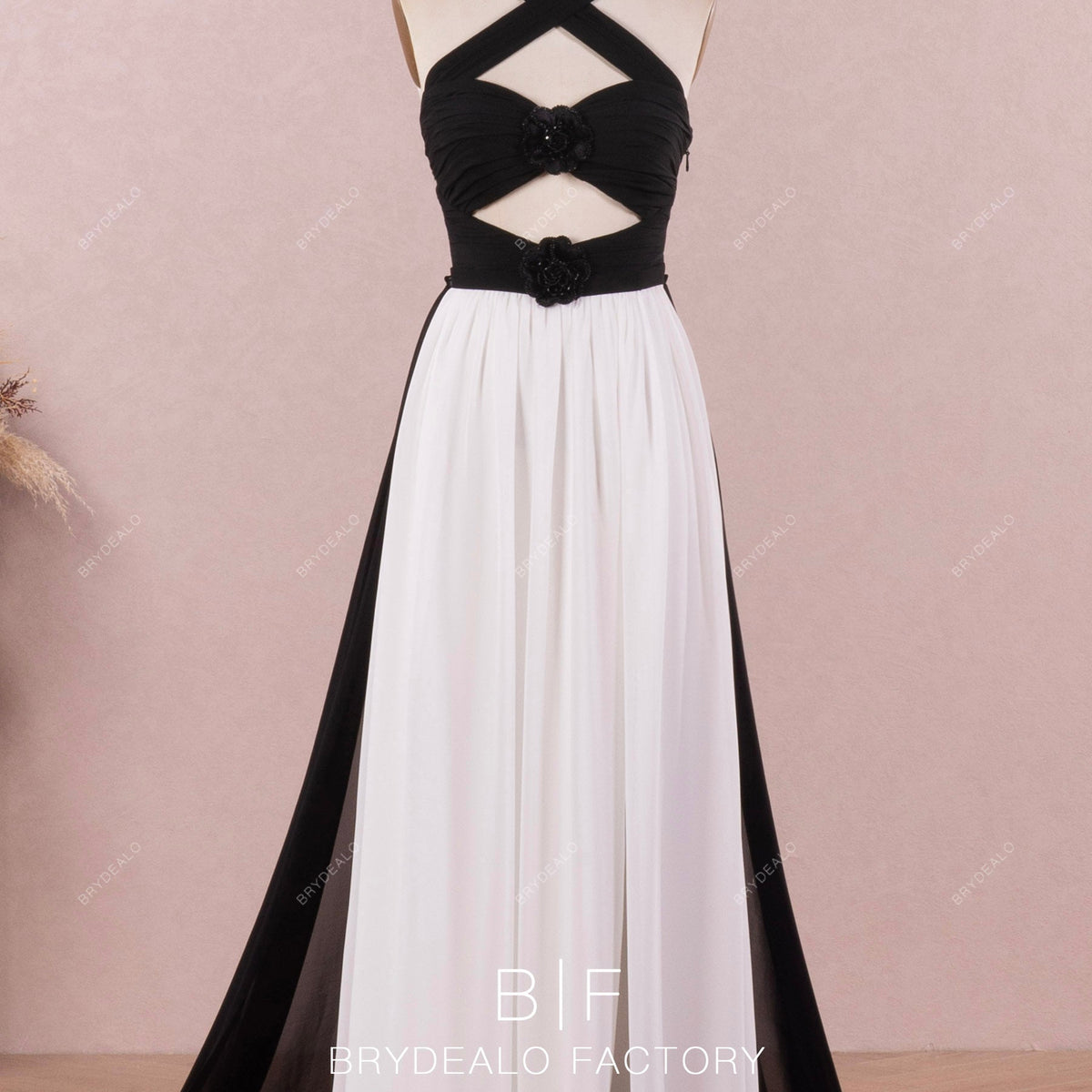 Unique Black White Chiffon Cutout Halter Convertible Bridal Prom Dress, Black Unique Black White Chiffon Cutout Halter Convertible Bridal Prom Dress, Black