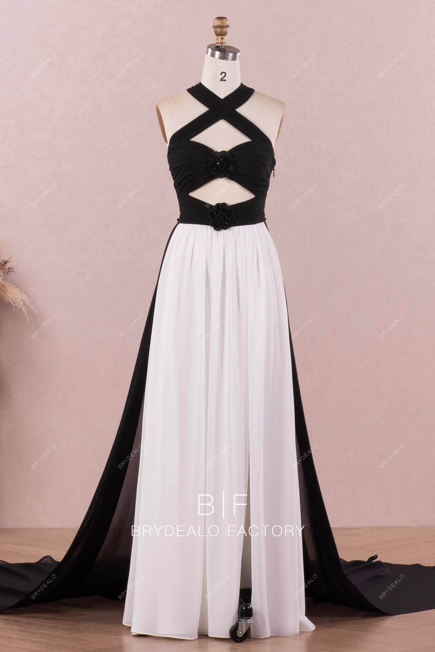 unique black white chiffon halter neck bridal dress