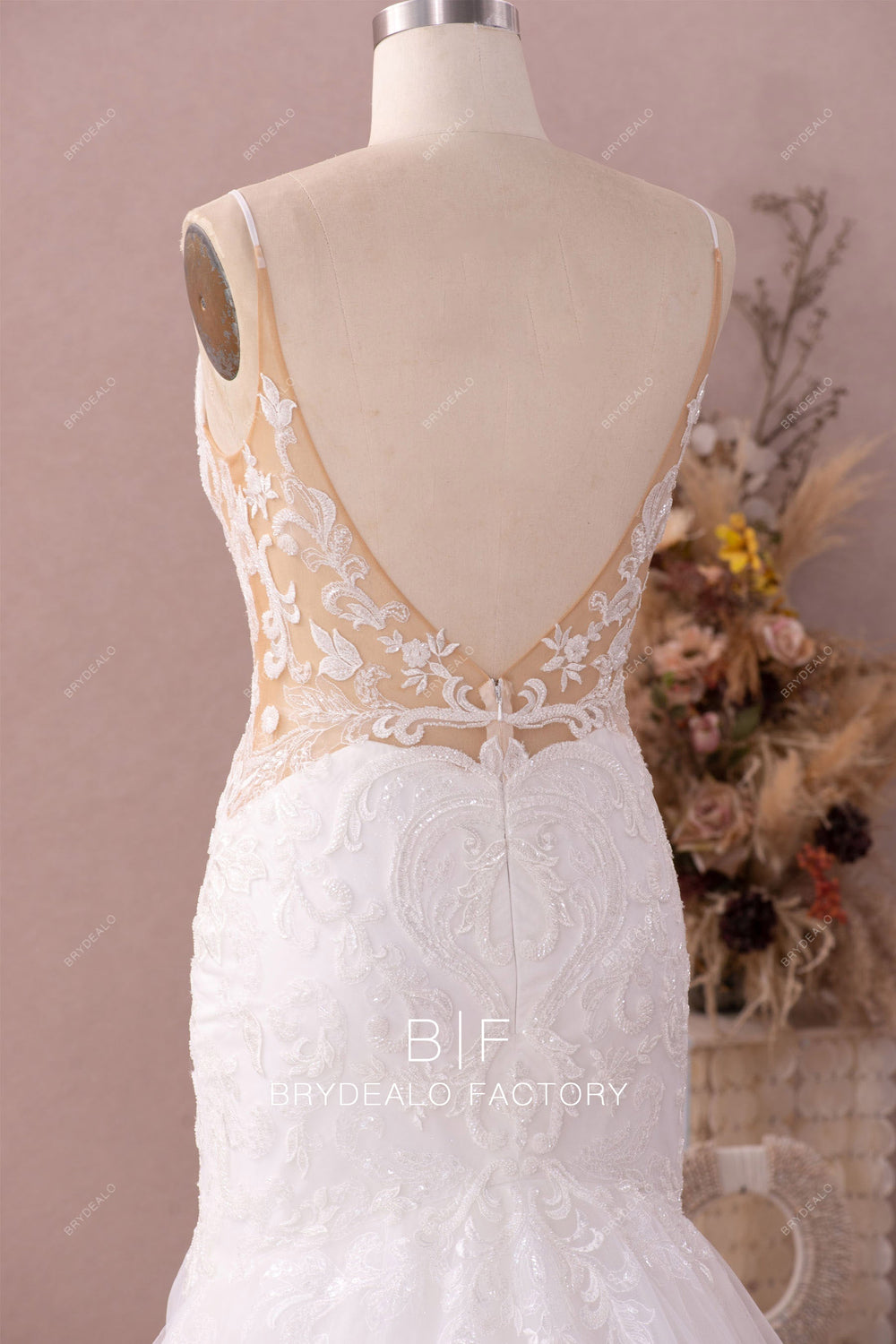Beige Floral Lace Plunge Neck Backless Trumpet Long Wedding Dress